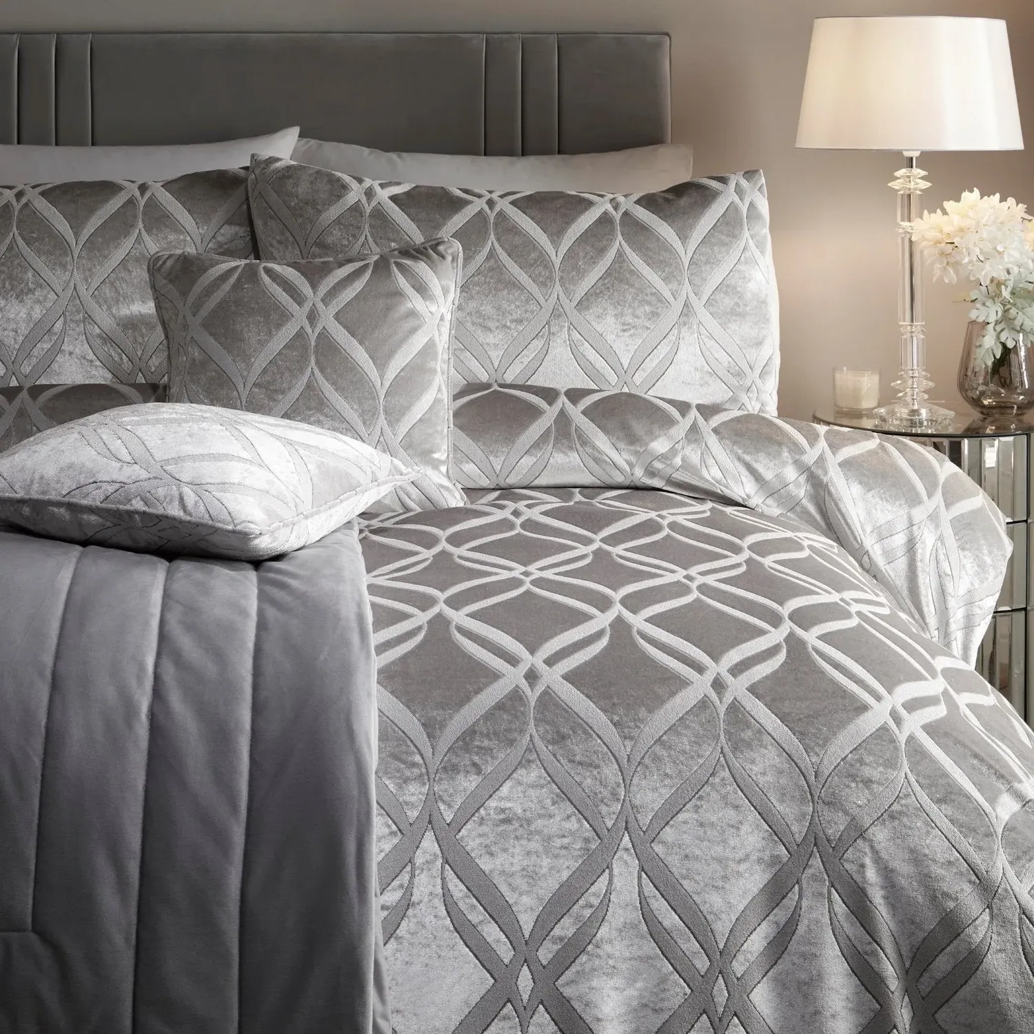 Double Duvet Set with Ogee Pattern - Grey, Velvet
