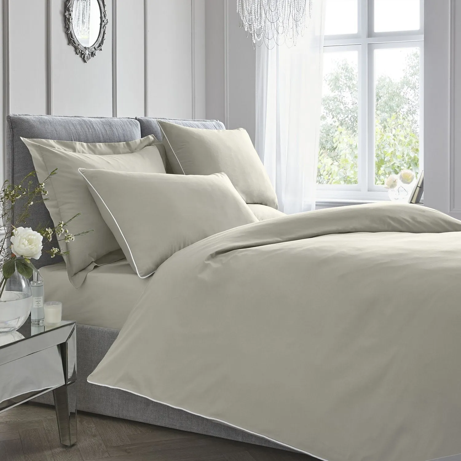 Double Duvet Set with Piping - Silver, Cotton