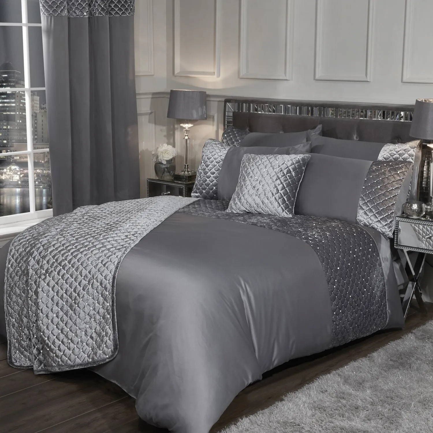 Double Duvet Set with Sequins - Grey, Velvet