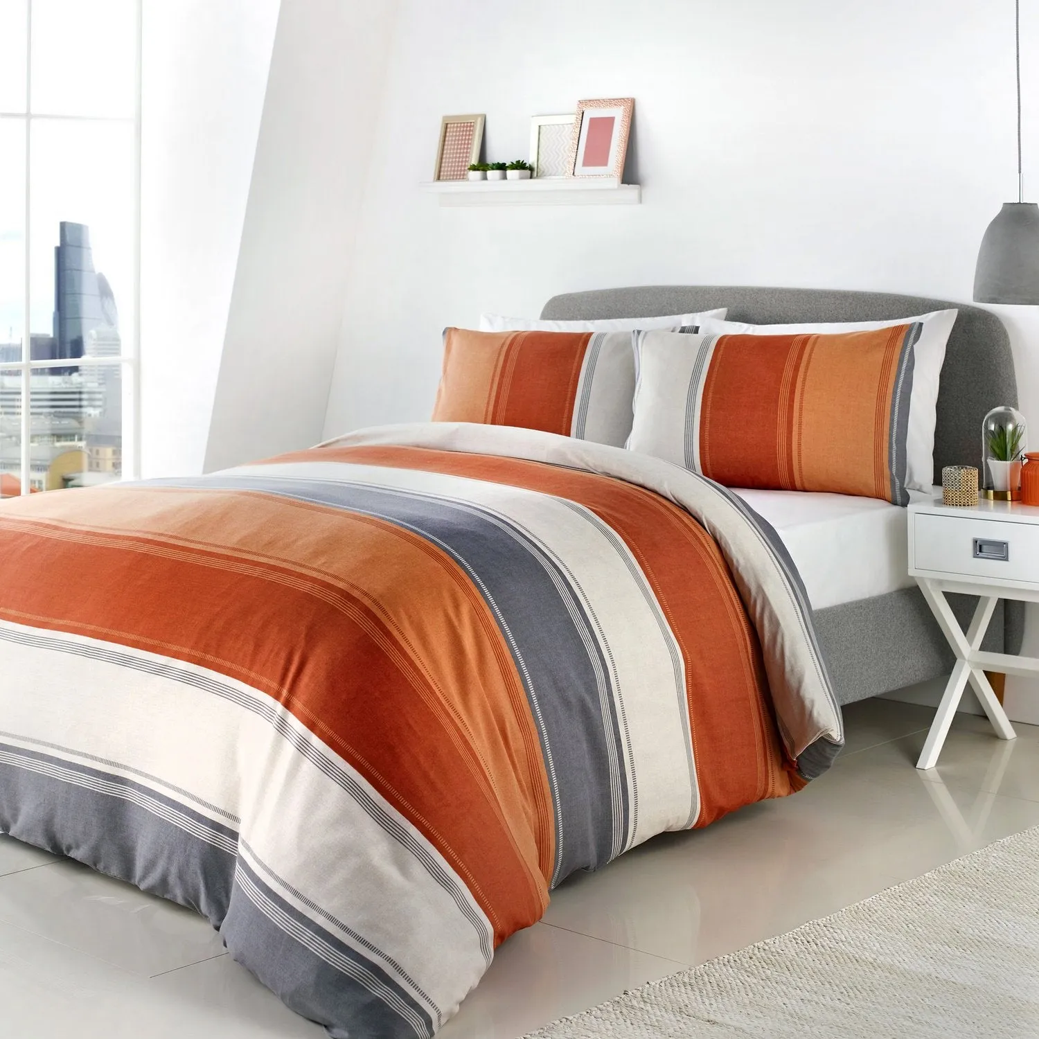 Double Duvet Set with Stripes - Orange, Polycotton