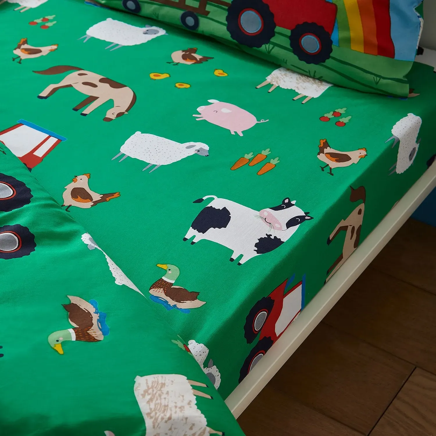 Double Fitted Sheet Farmyard Print - Green