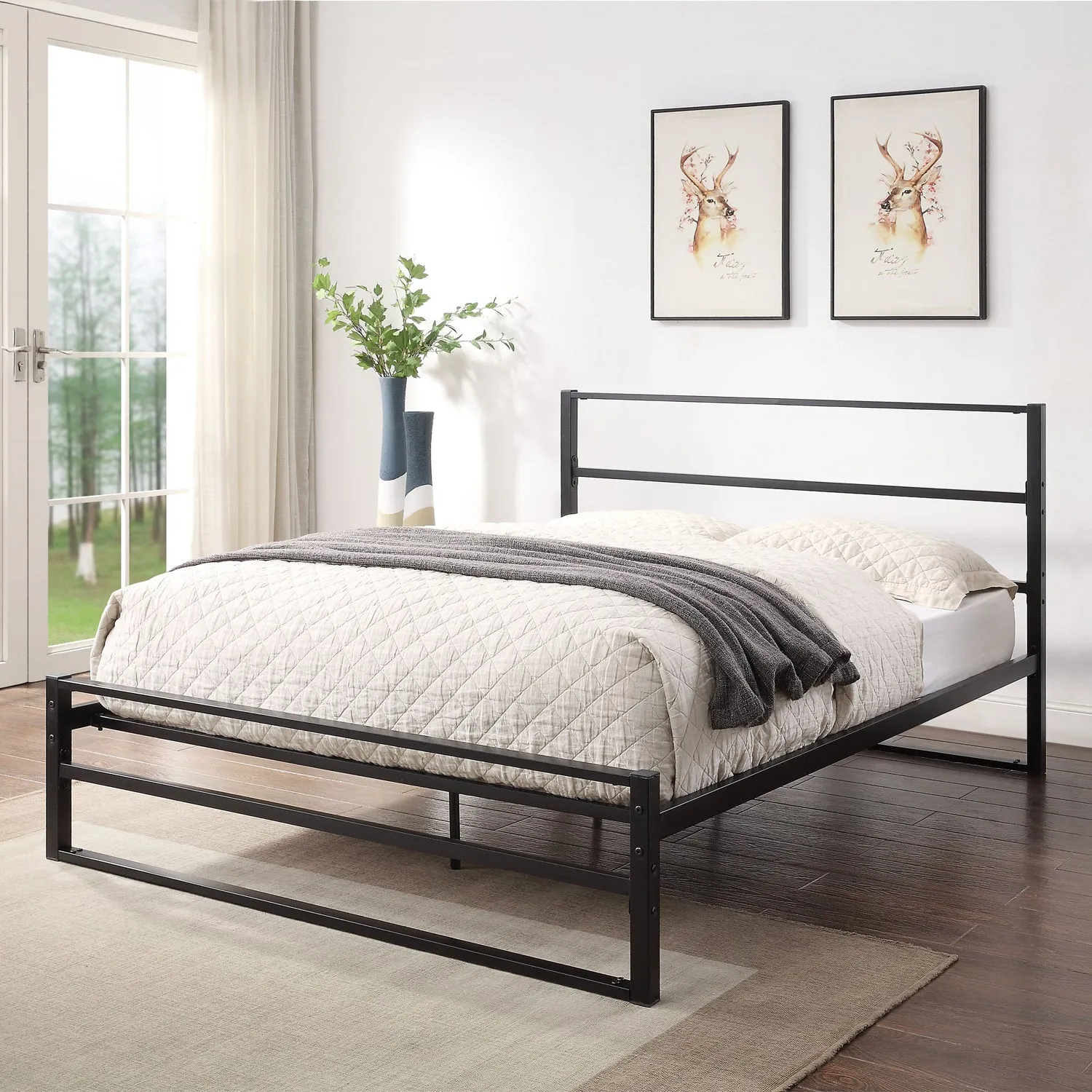 Double Metal Bed Frame with Slats - Black