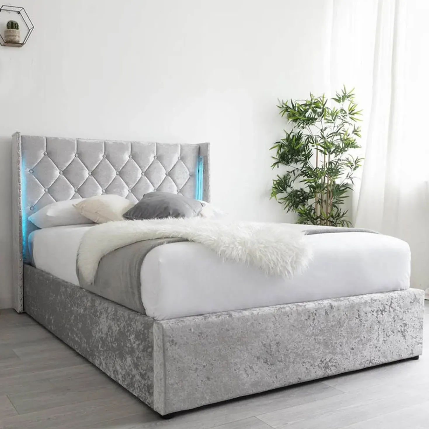 Double Ottoman Bed with LED Lighting - Silver Velvet