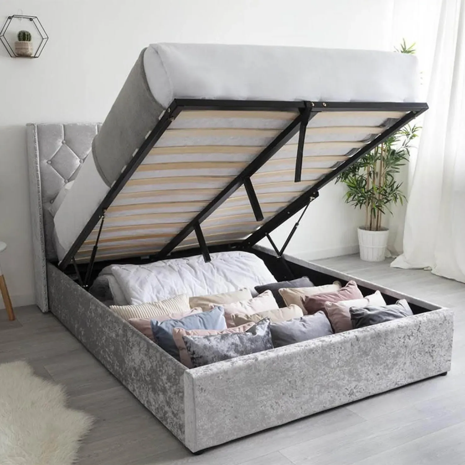 Double Ottoman Bed with LED Lighting - Silver Velvet image