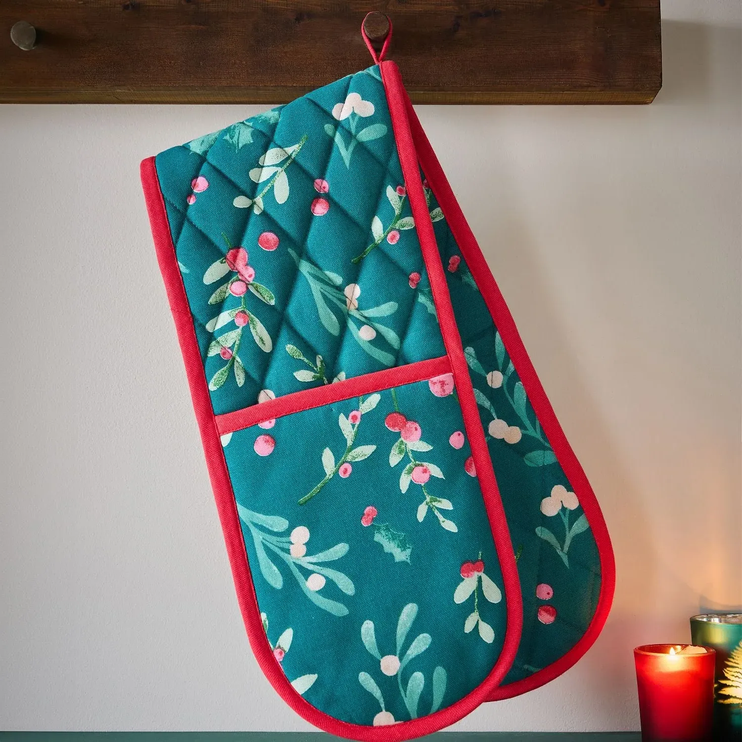 Double Oven Glove Christmas Design - Green, Cotton