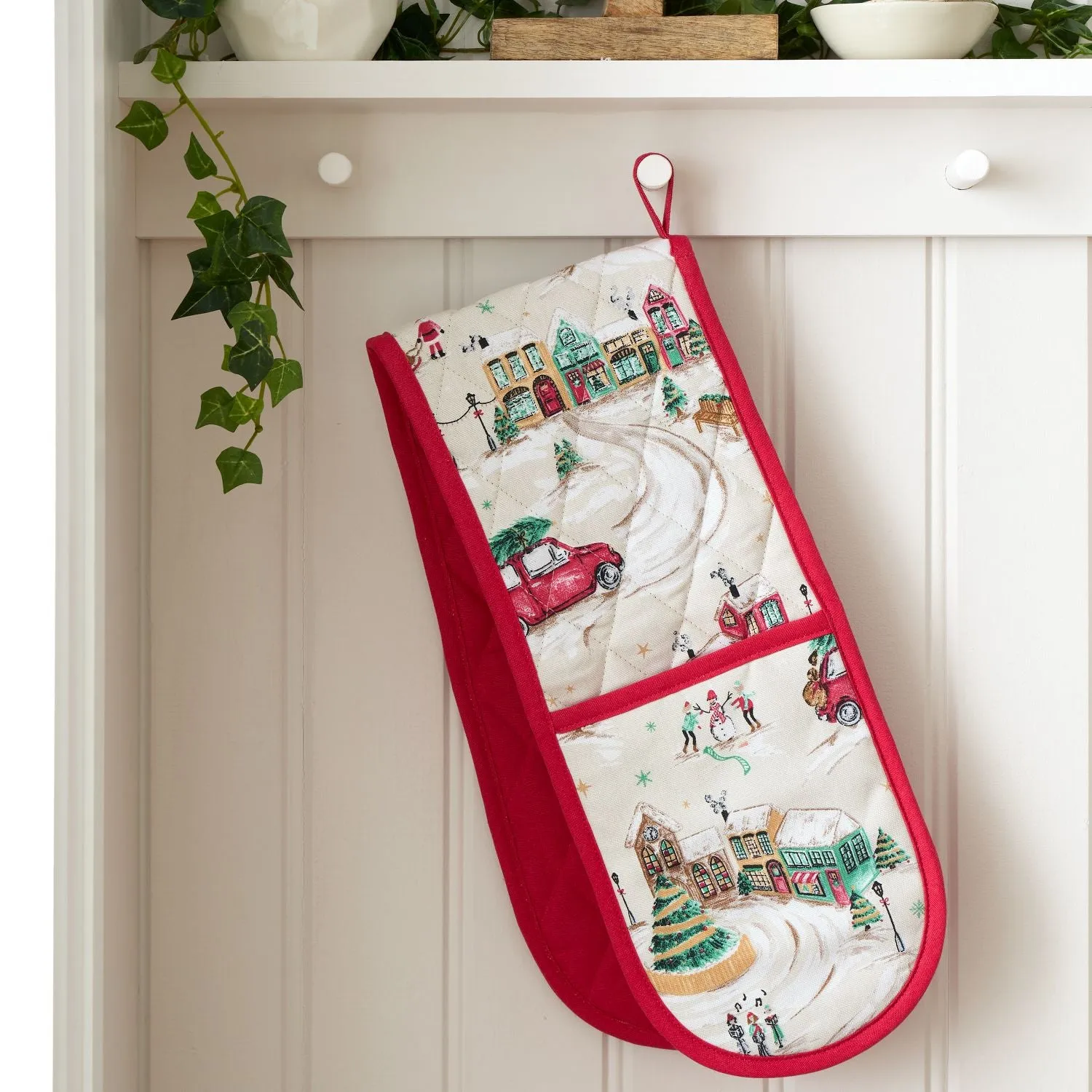 Double Oven Glove Christmas Print - Natural, Cotton