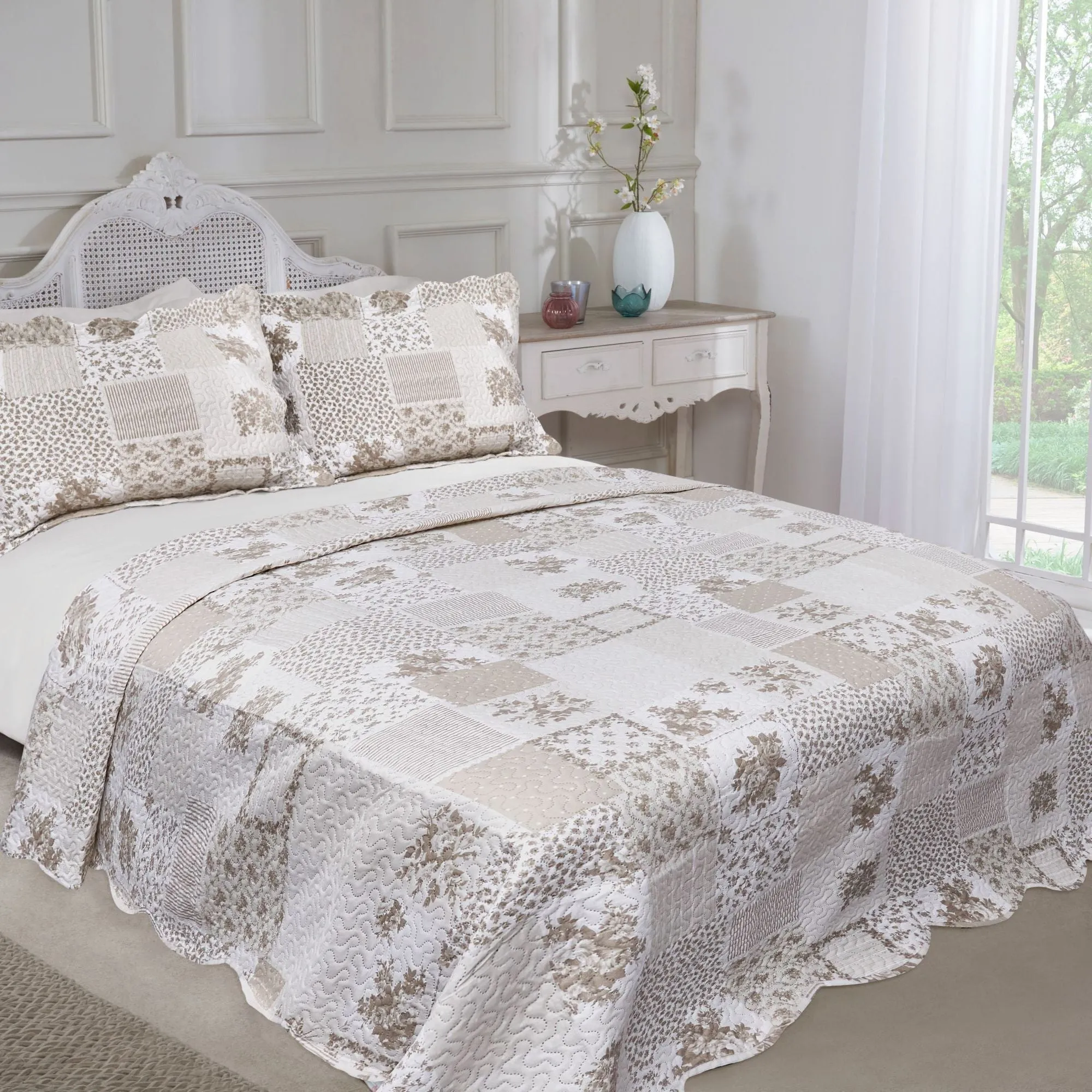 Double Quilted Bedspread Set - Cream, Microfiber
