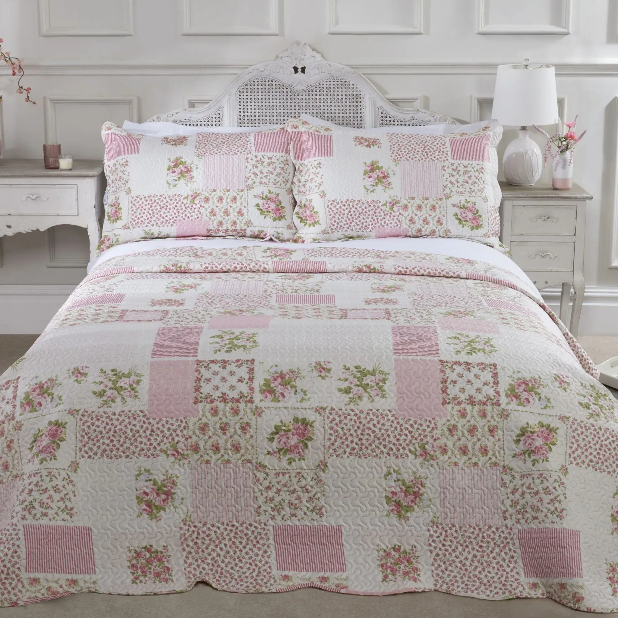 Double Quilted Bedspread Set - Pink, Microfiber