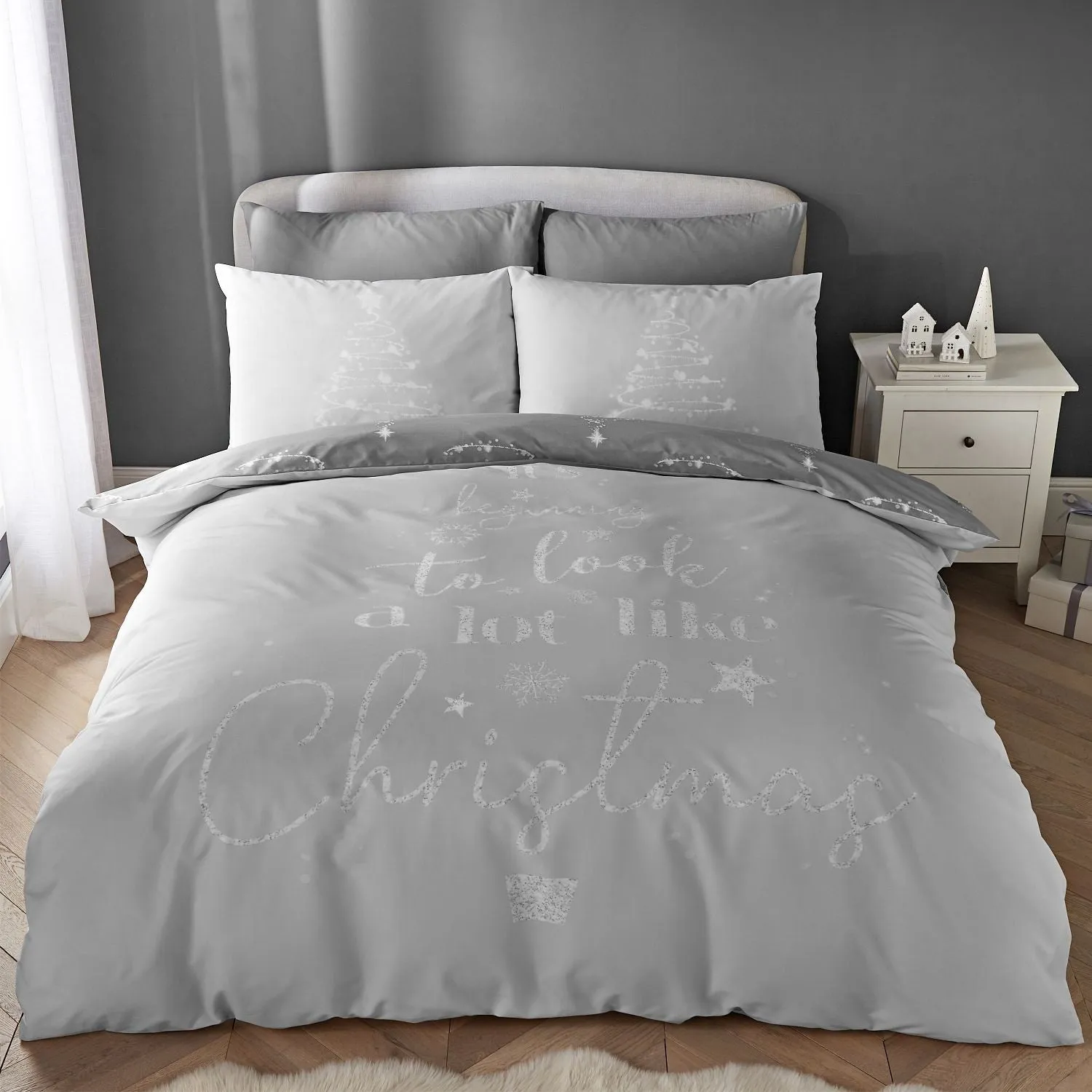 Double Reversible Duvet Set - Grey, Cotton