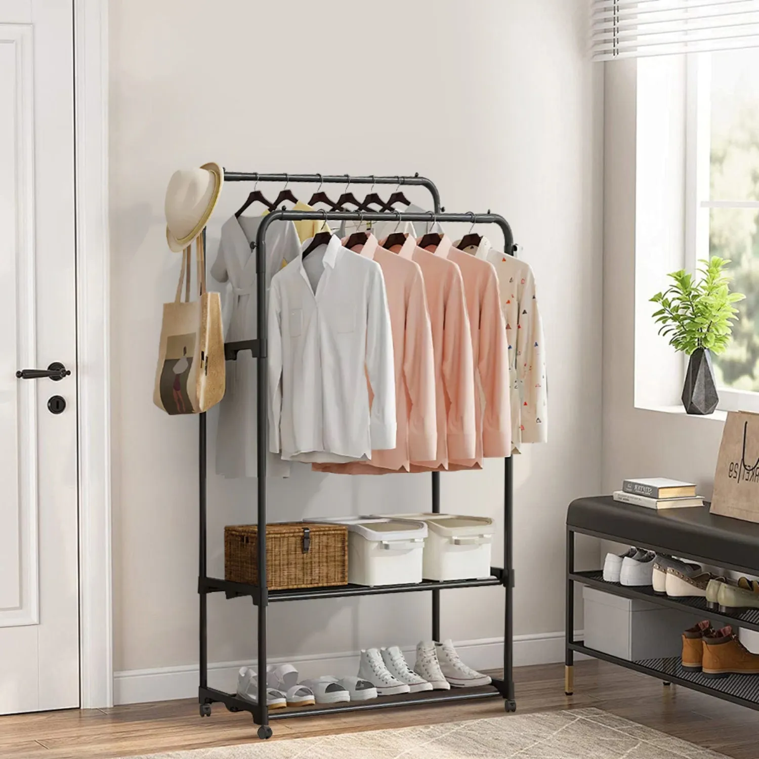 Double Rod Clothes Rack - Black, Metal product