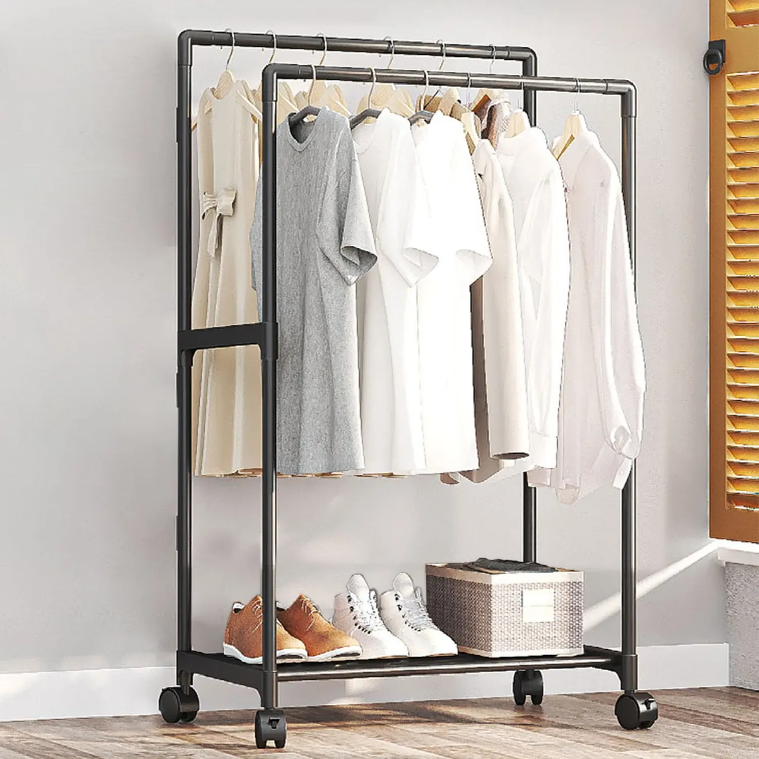 Double Rod Clothes Rack with Wheels - Black, Metal by Julian Charles, alternate view