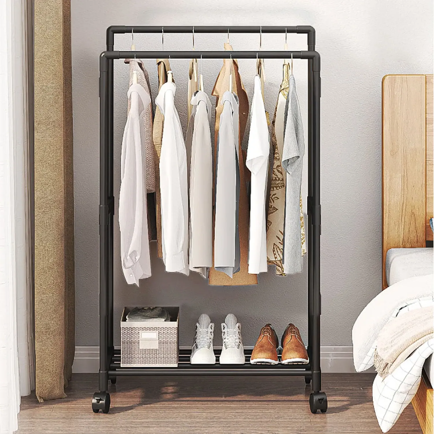 Double Rod Clothes Rack with Wheels - Black, Metal by Julian Charles