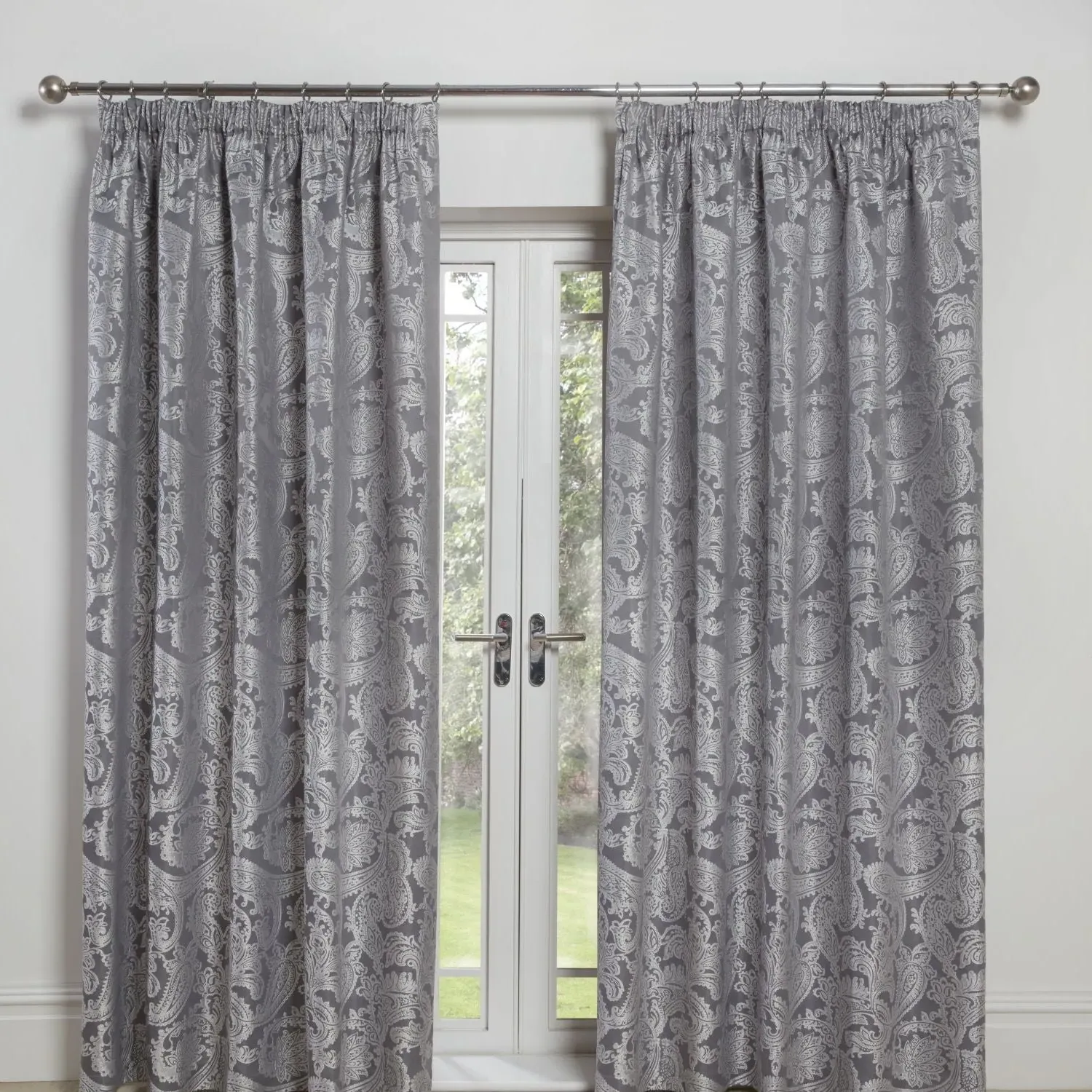 Duchess Silver Lined Pencil Pleat Jacquard Velvet Curtains - Grey alternate view