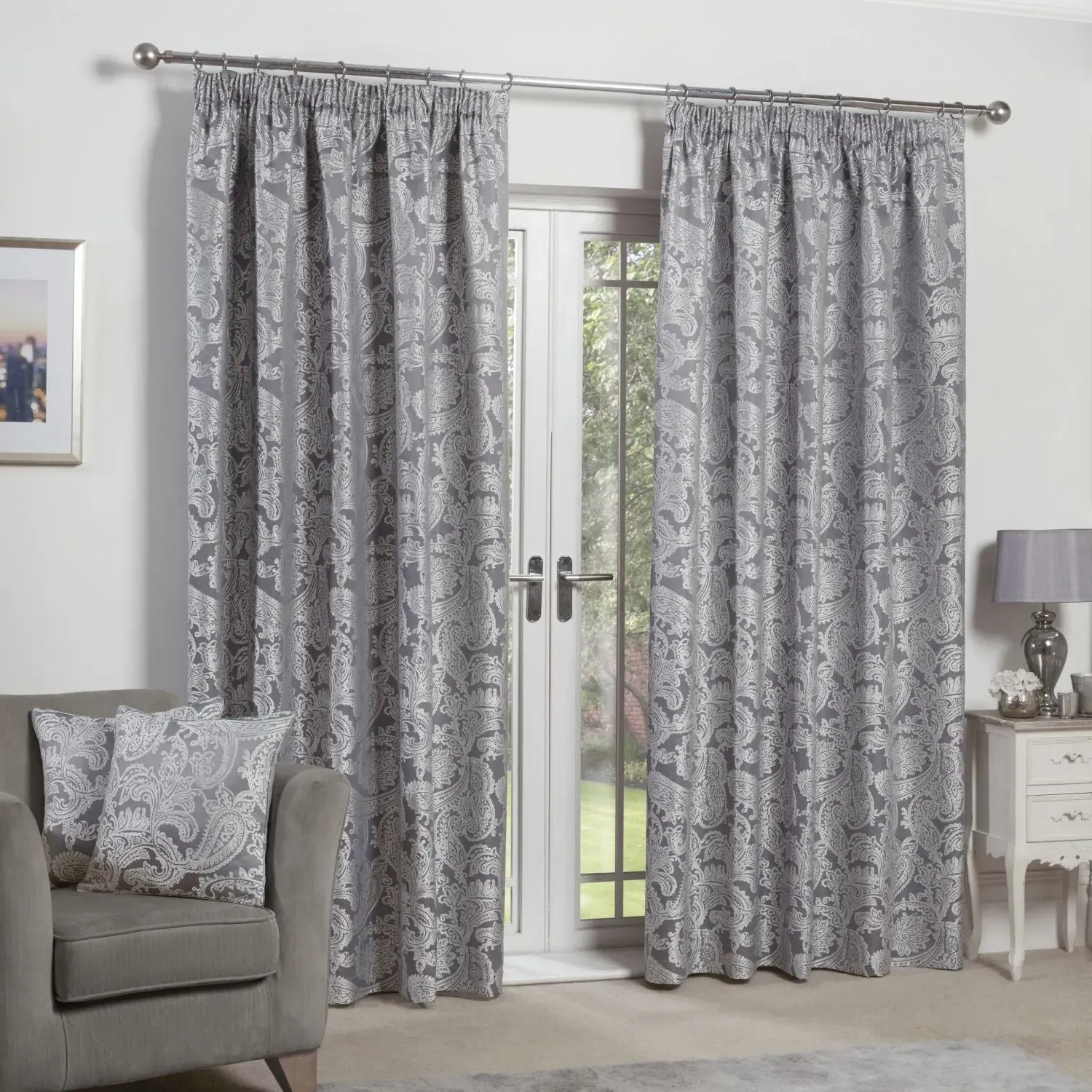 Duchess Silver Lined Pencil Pleat Jacquard Velvet Curtains - Grey product