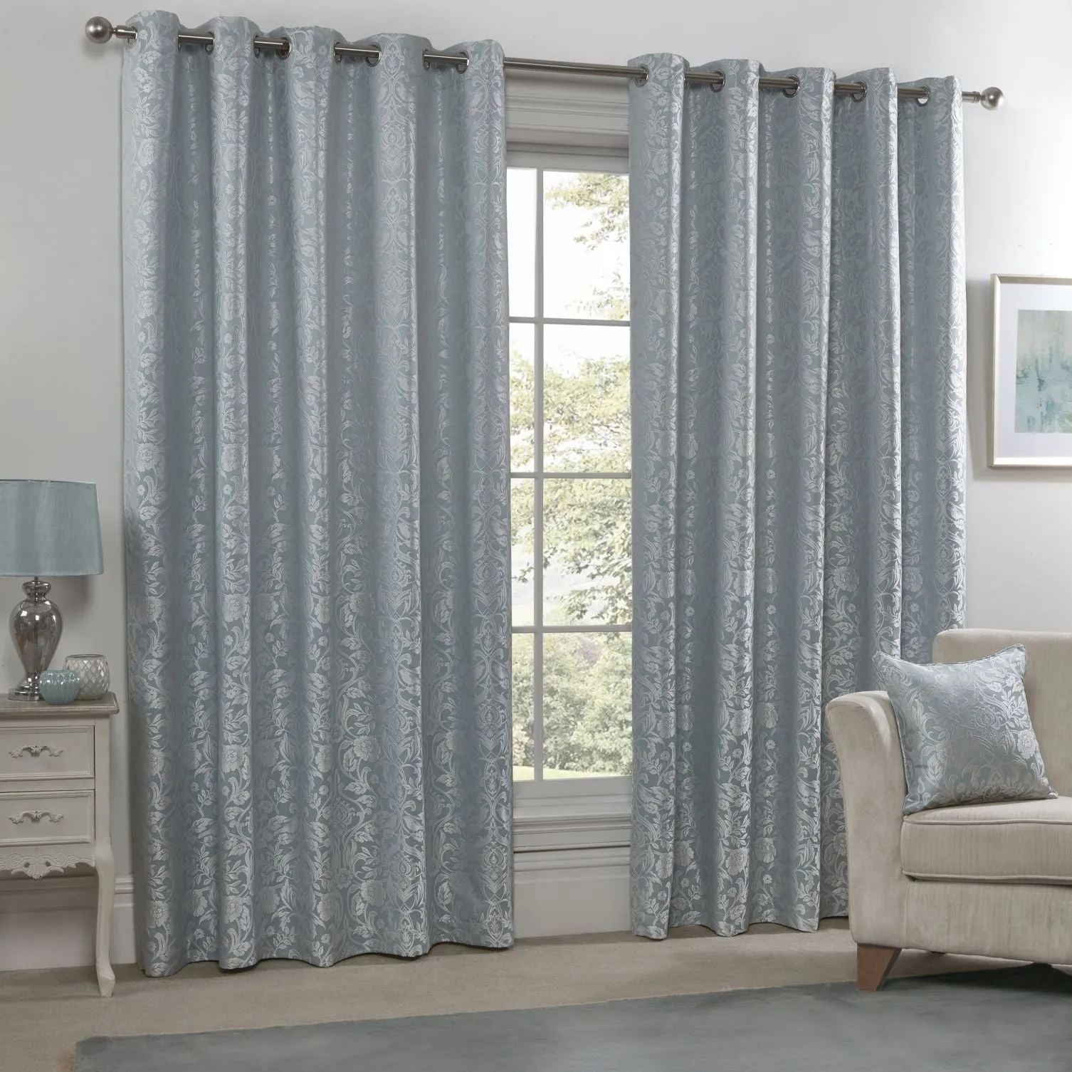 Lined Eyelet Curtains with Jacquard - Duck Egg product