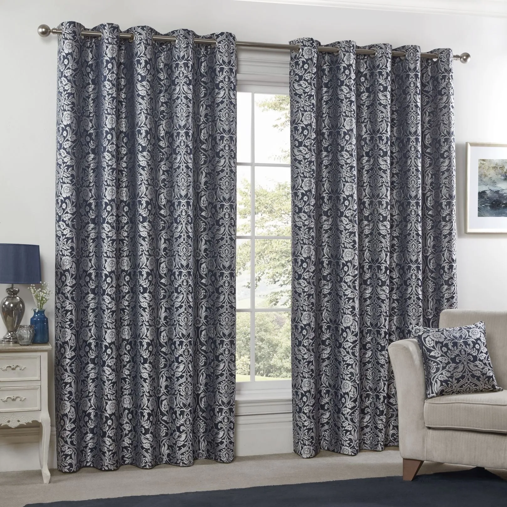 Eden Eyelet Jacquard Curtains - Navy, Sateen product