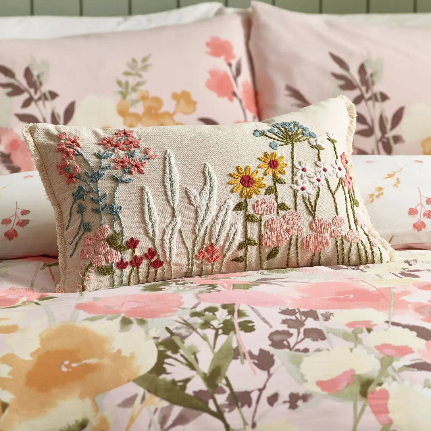 Embellished Cushion with Floral Design - Natural image