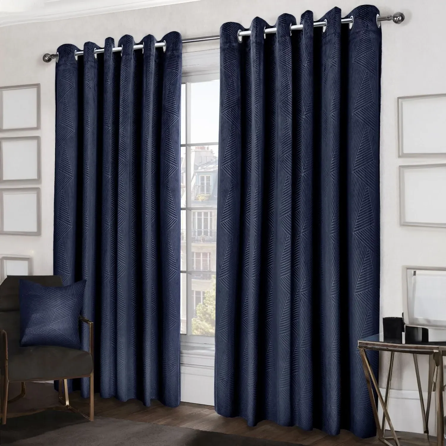Embossed Eyelet Curtains with Blackout - Blue, Velvet