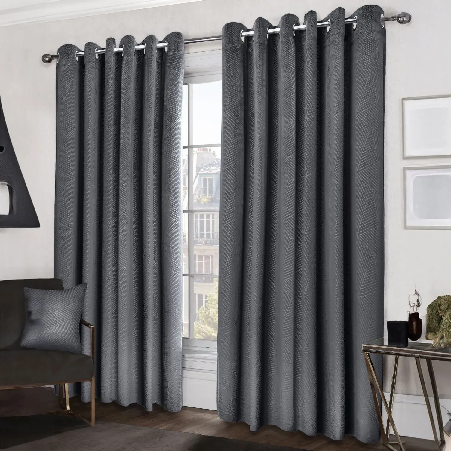 Embossed Eyelet Curtains with Blackout - Grey, Velvet