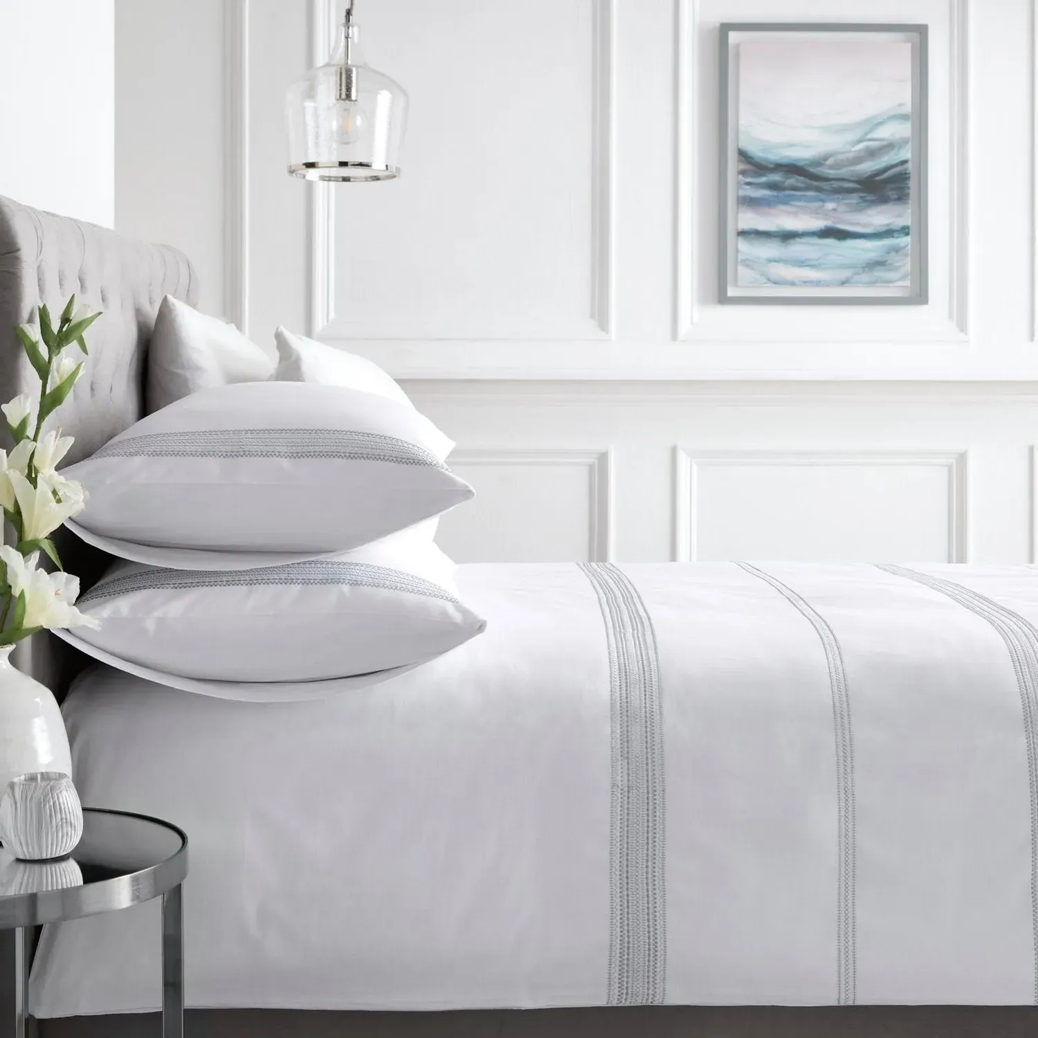 Embroidered Band Super King Duvet Set - White, Cotton product
