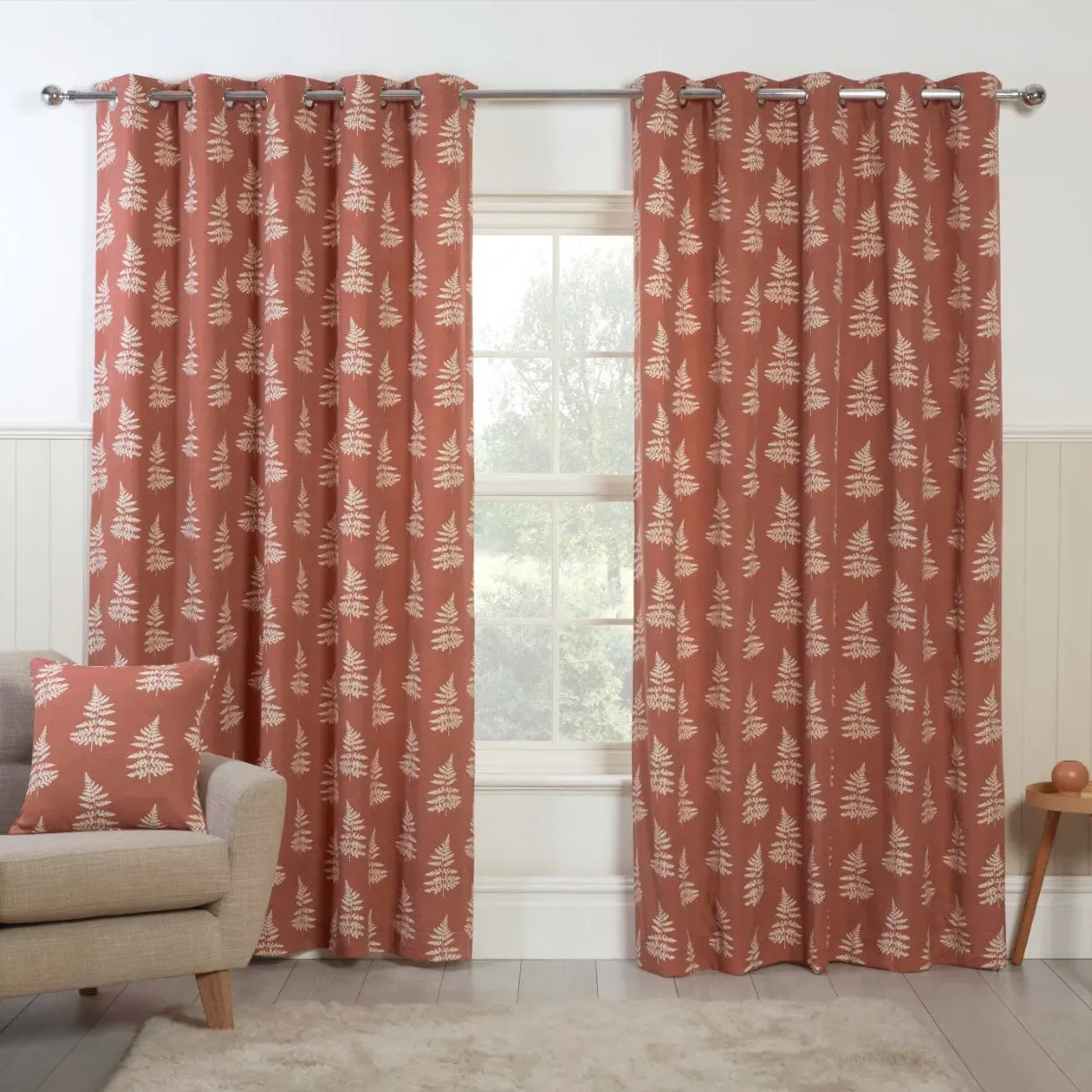 Eyelet Curtain with Fern Print - Terracotta