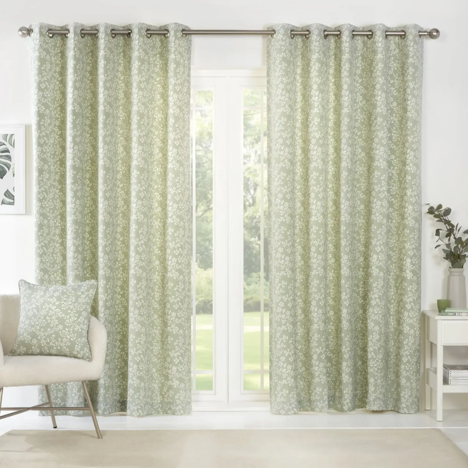 Eyelet Curtains Floral Print - Green