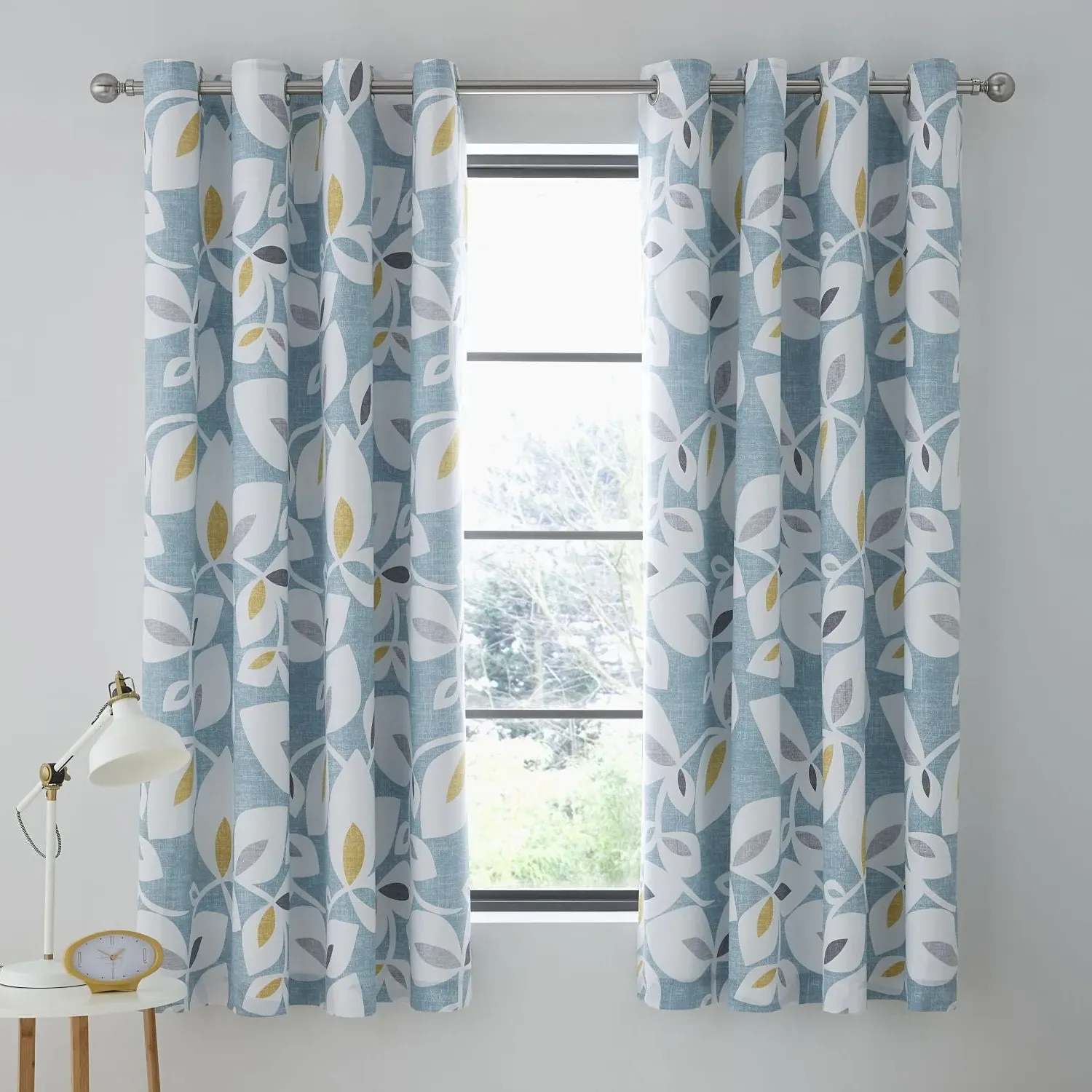 Eyelet Curtains Leaf Print - Teal, Polyester