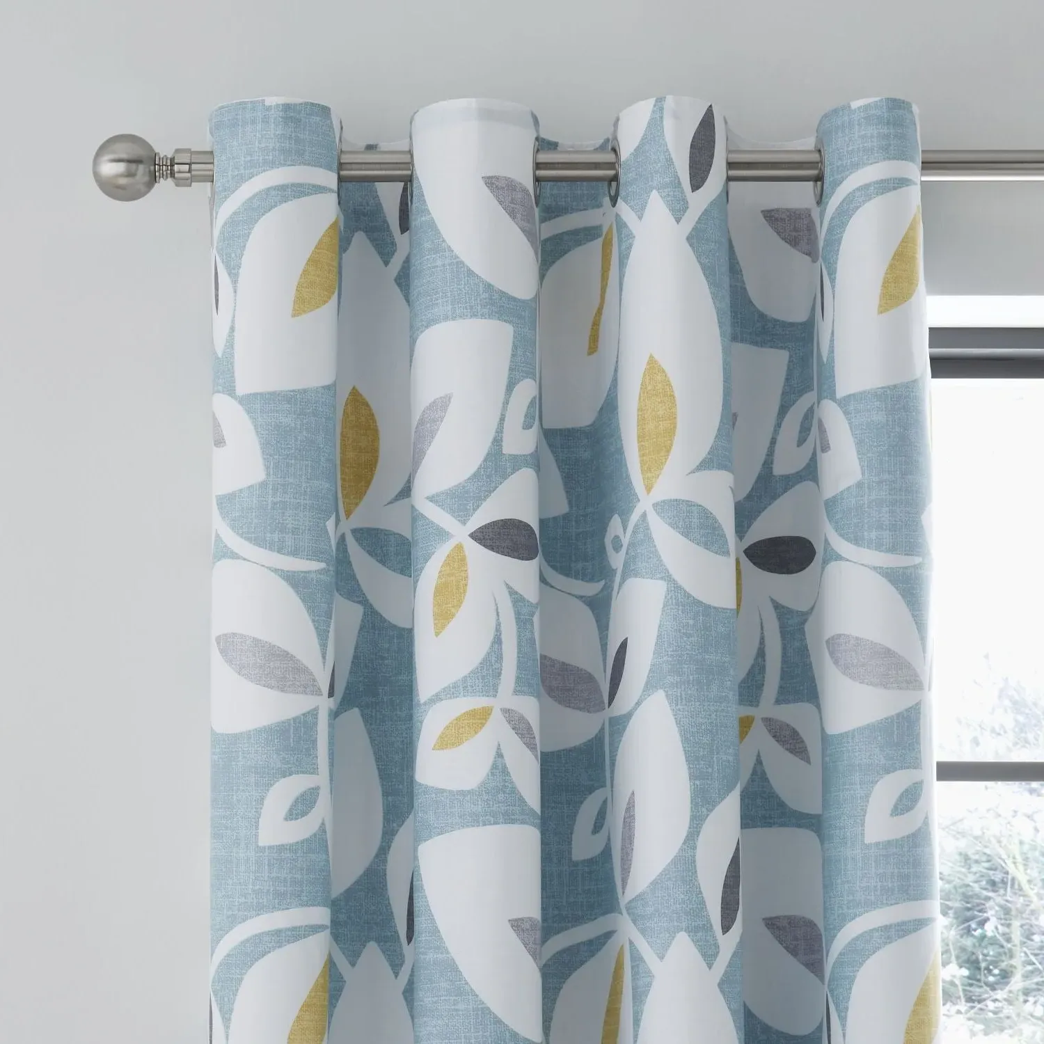 Eyelet Curtains Leaf Print - Teal, Polyester image