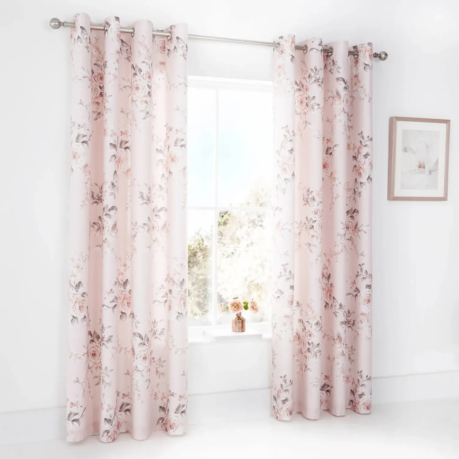 Eyelet Curtains Lined Floral - Pink, Cotton