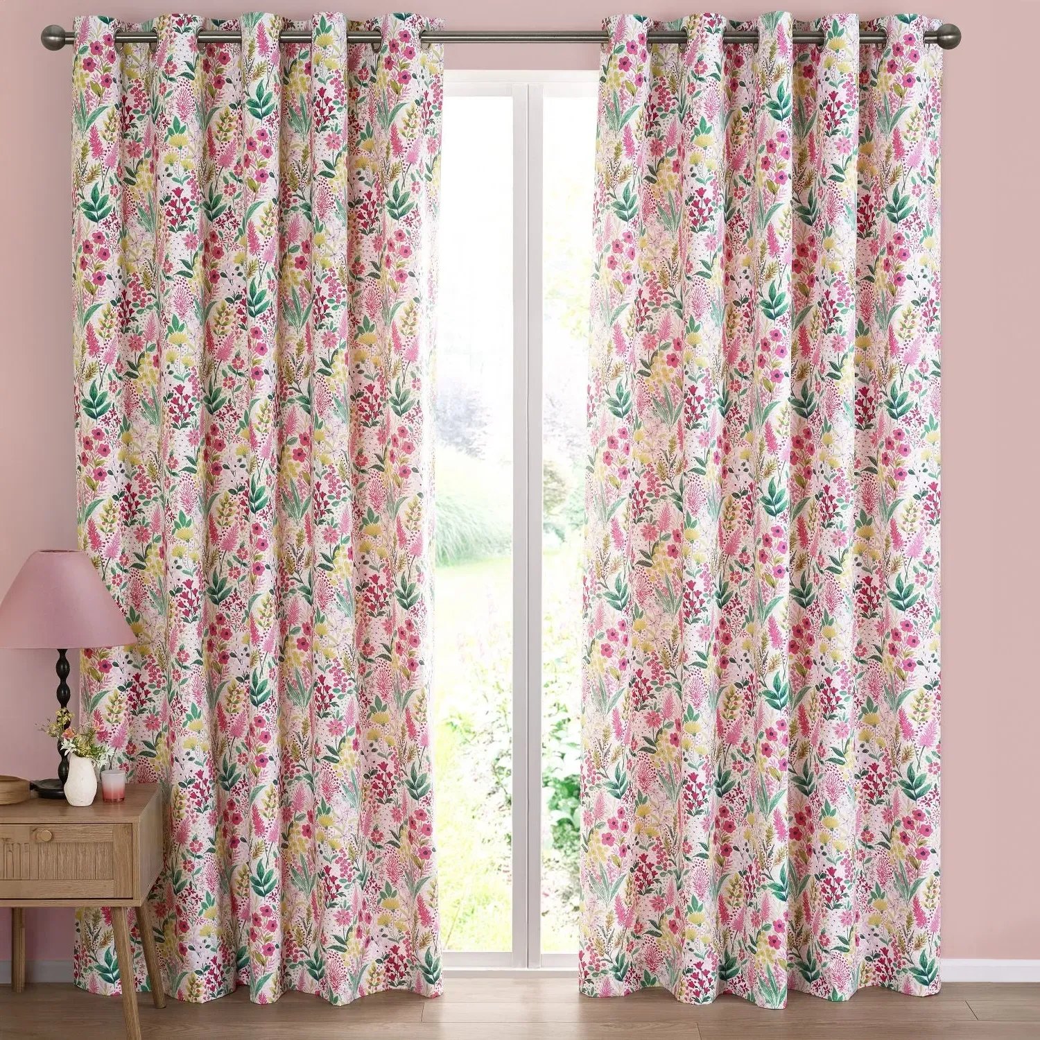 Eyelet Curtains Reversible - Pink, Cotton Blend