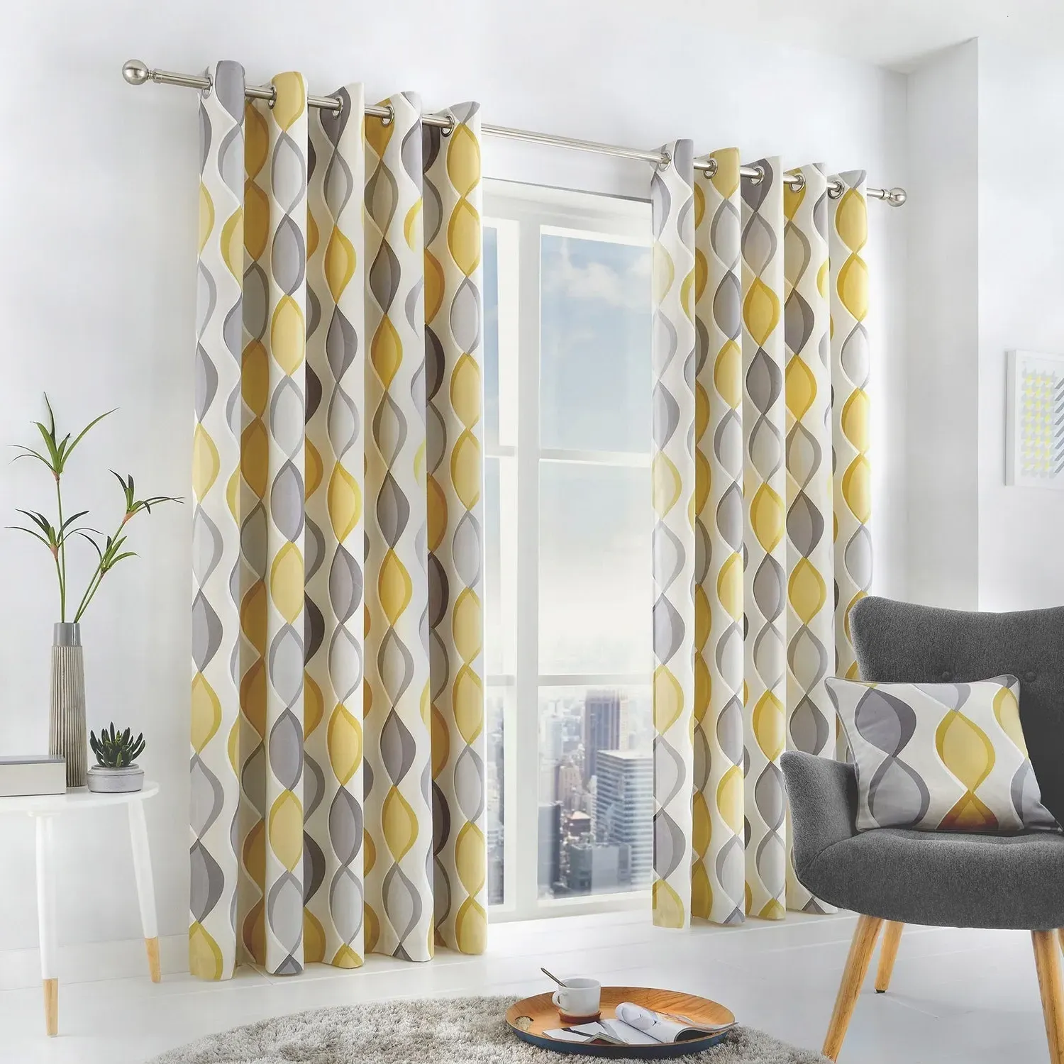 Eyelet Curtains with Abstract Pattern - Grey