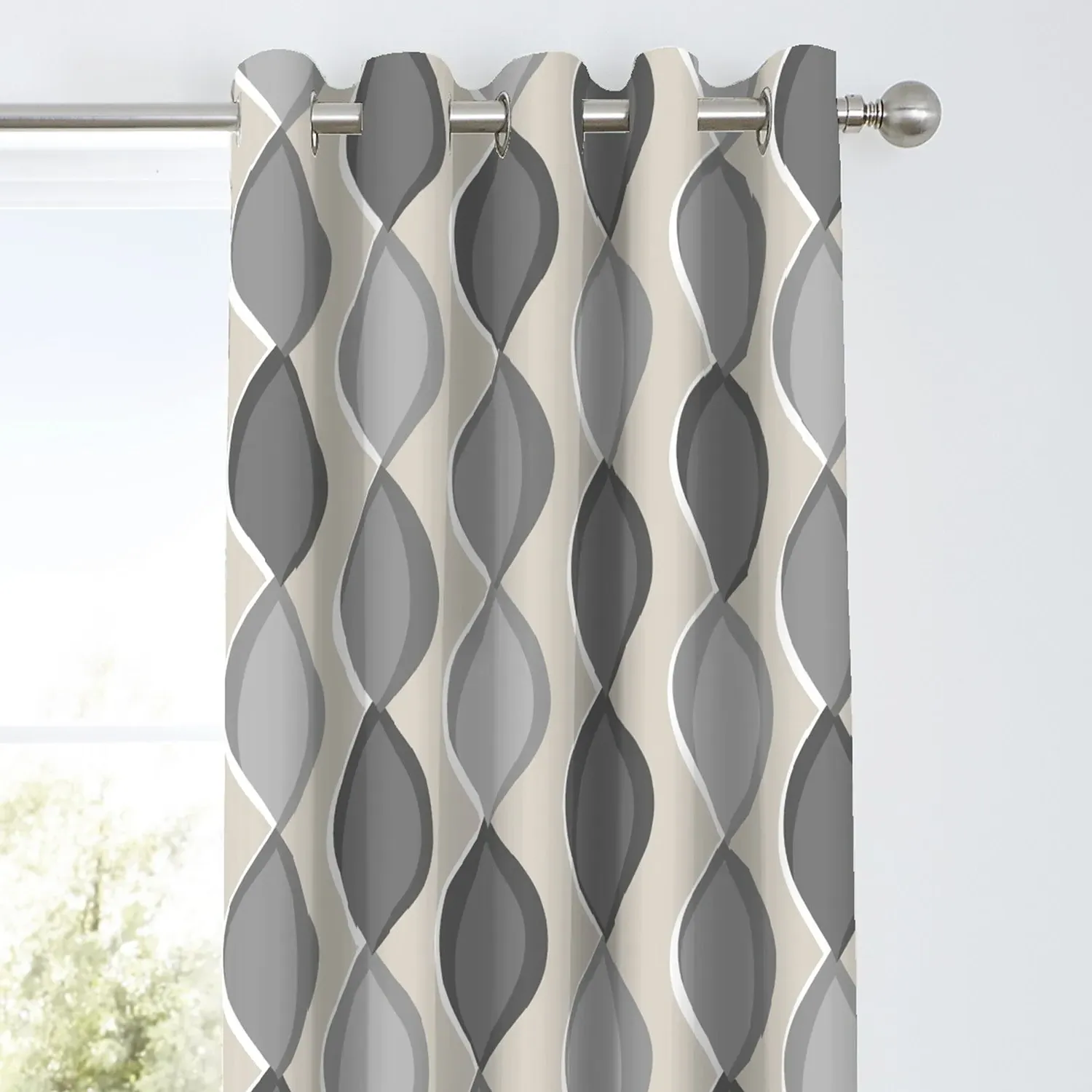 Eyelet Curtains with Abstract Pattern - Grey