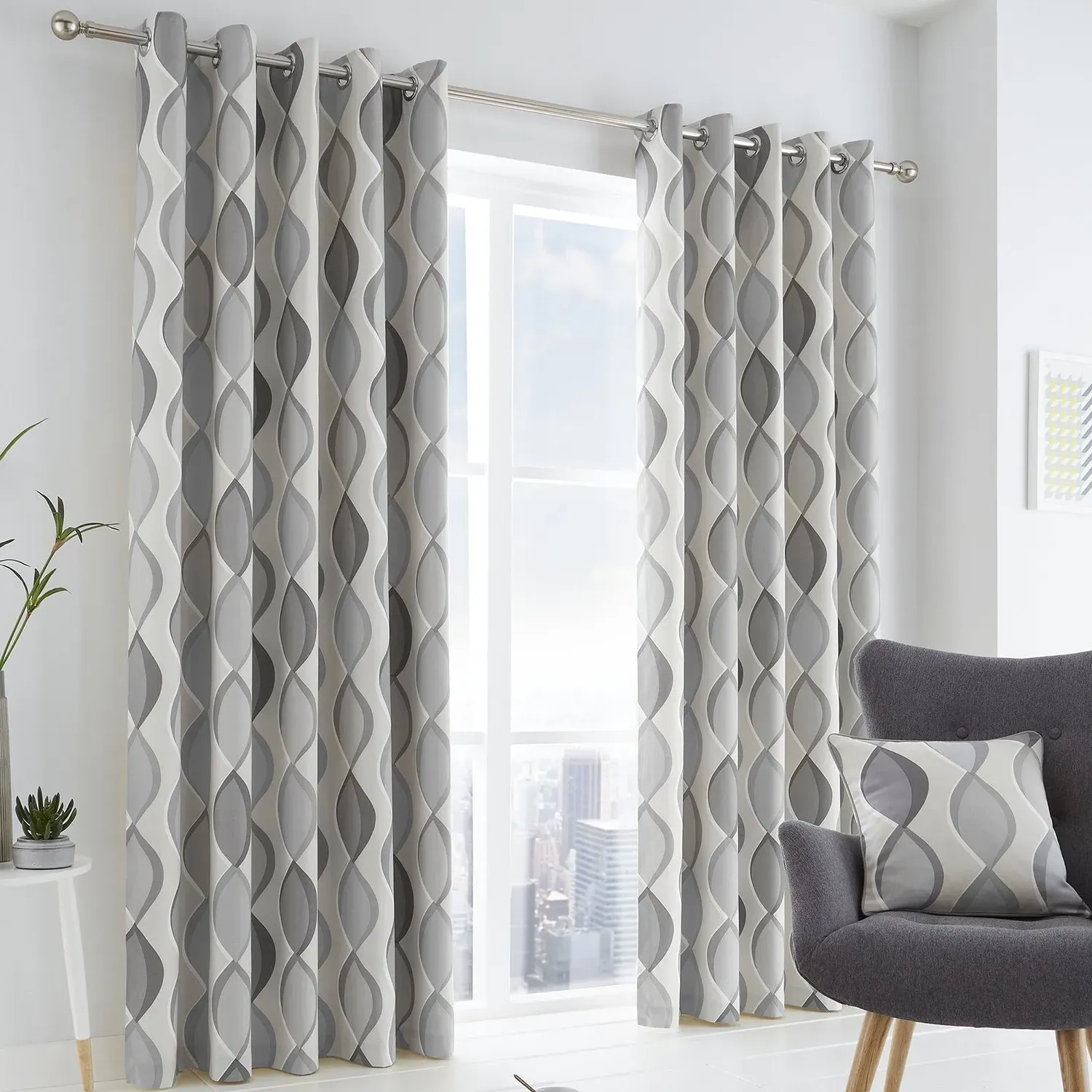 Eyelet Curtains with Abstract Pattern - Grey