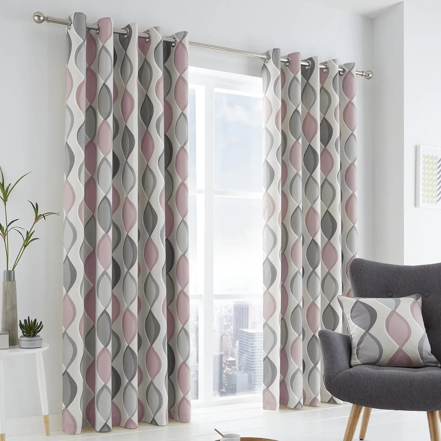 Eyelet Curtains with Abstract Pattern - Pink