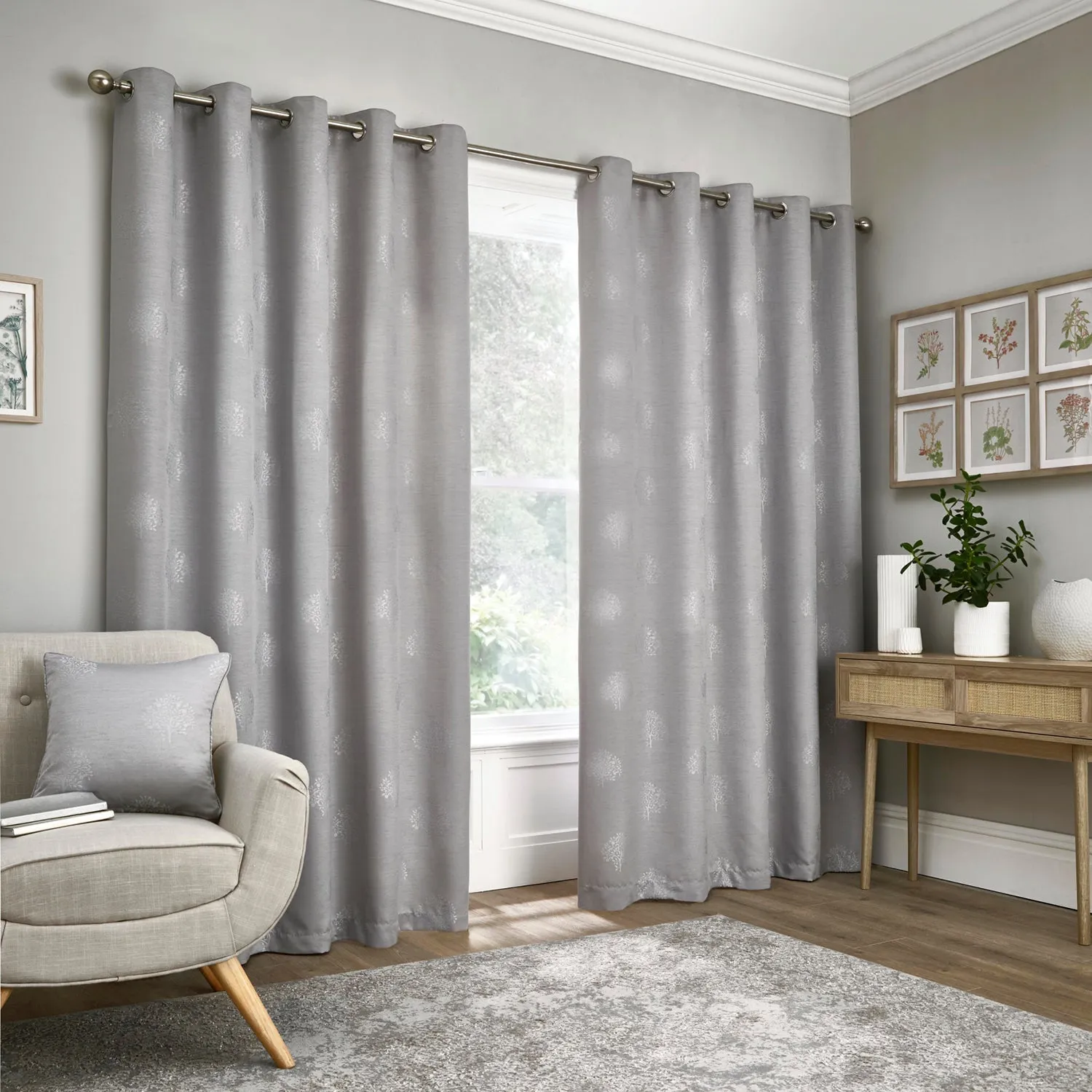 Eyelet Curtains with Apple Tree Motif - Silver