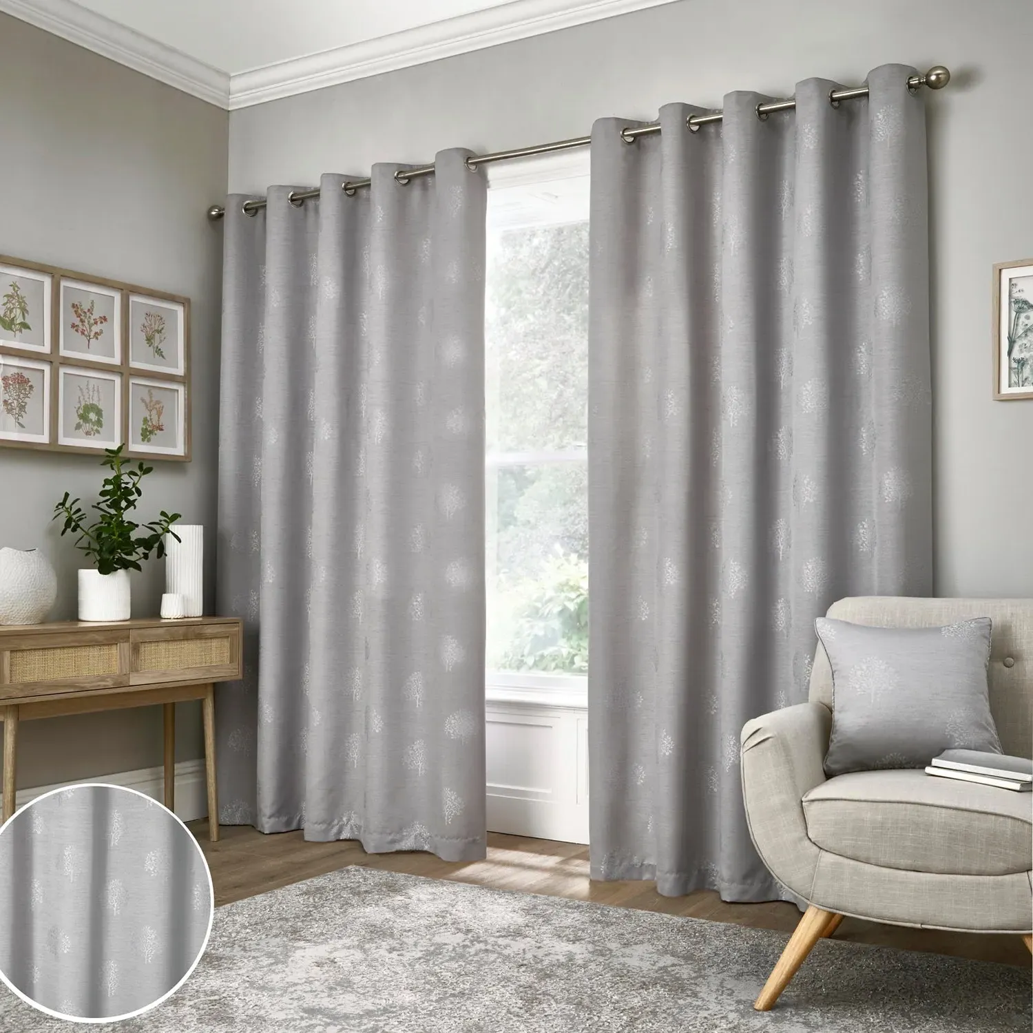 Eyelet Curtains with Apple Tree Motif - Silver image