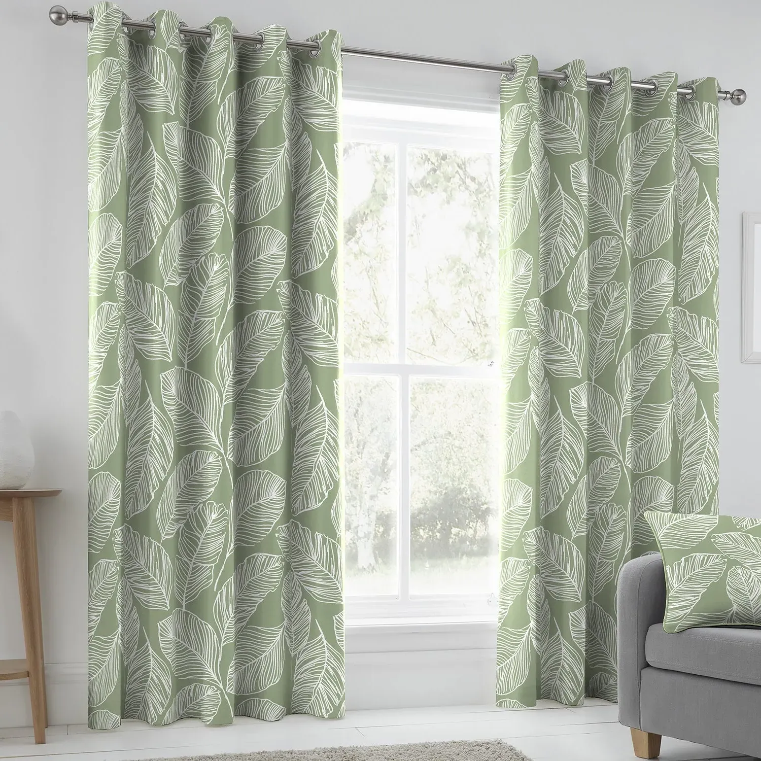 Eyelet Curtains with Botanical Print - Green, Cotton