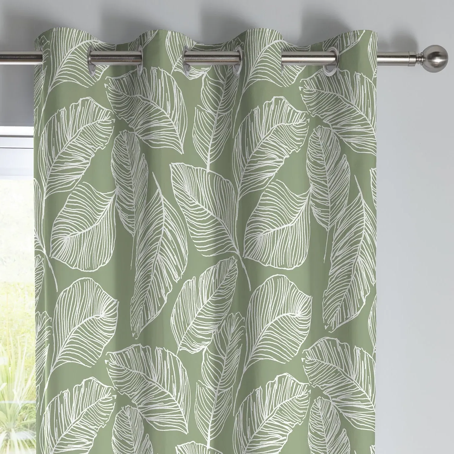 Eyelet Curtains with Botanical Print - Green, Cotton image