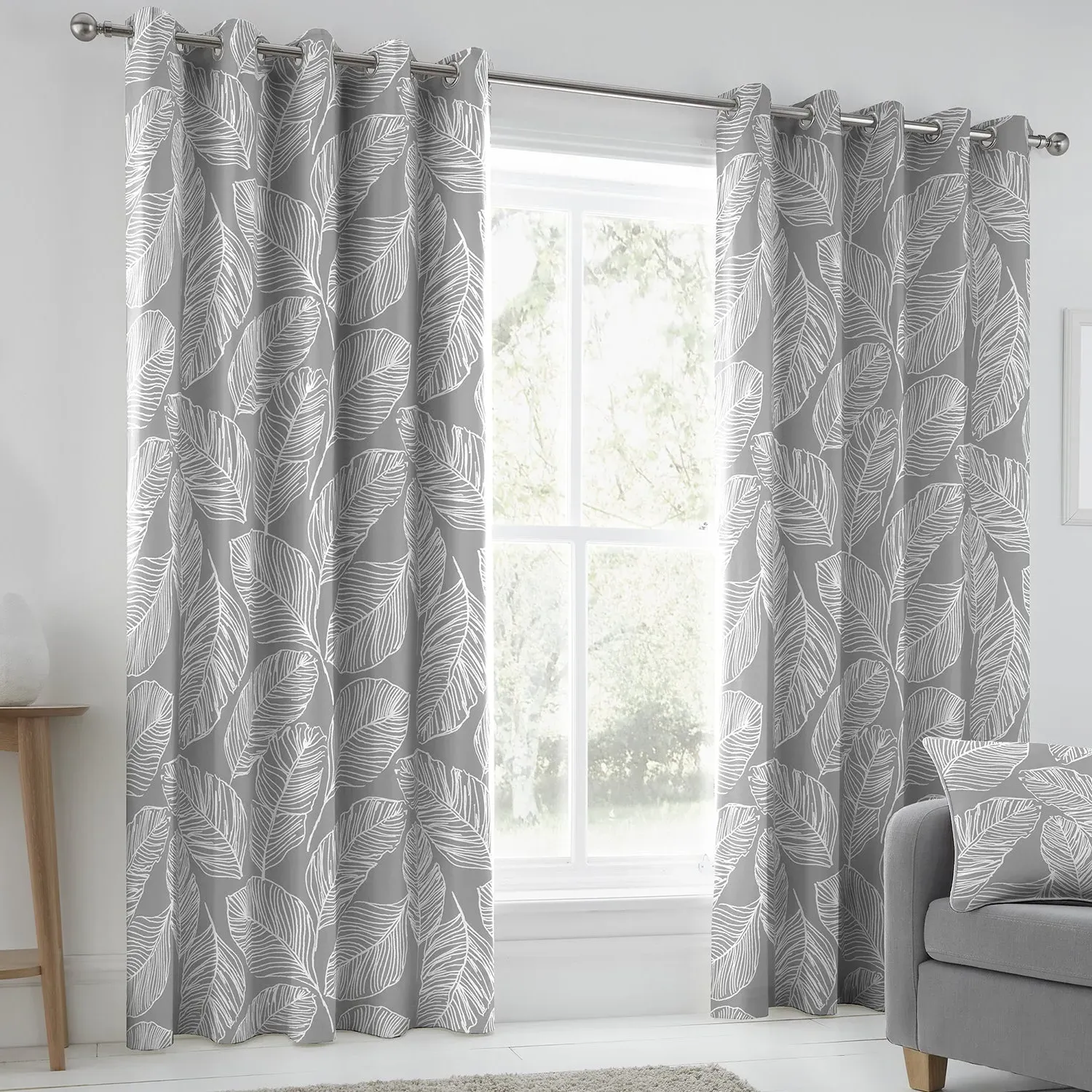 Eyelet Curtains with Botanical Print - Grey, Cotton