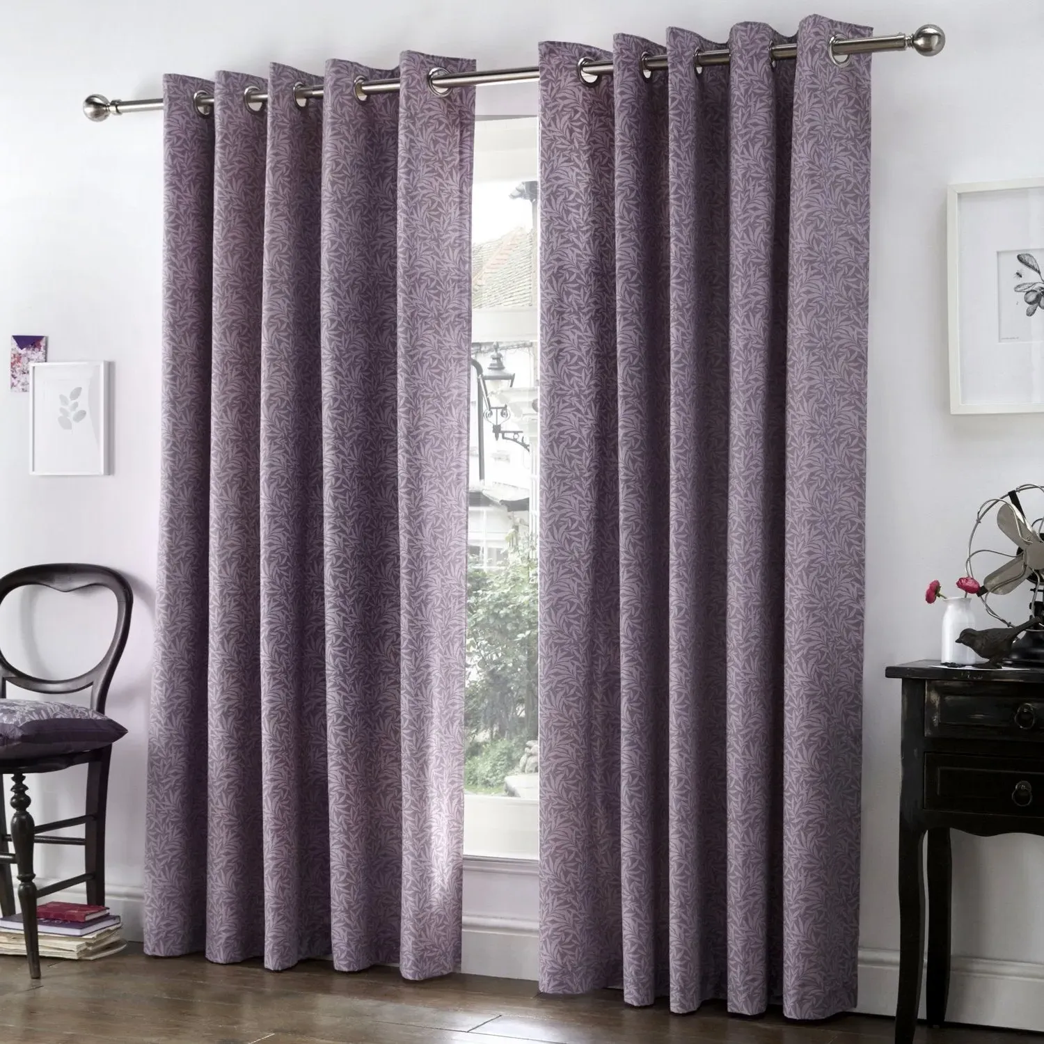 Eyelet Curtains with Botanical Print - Purple image