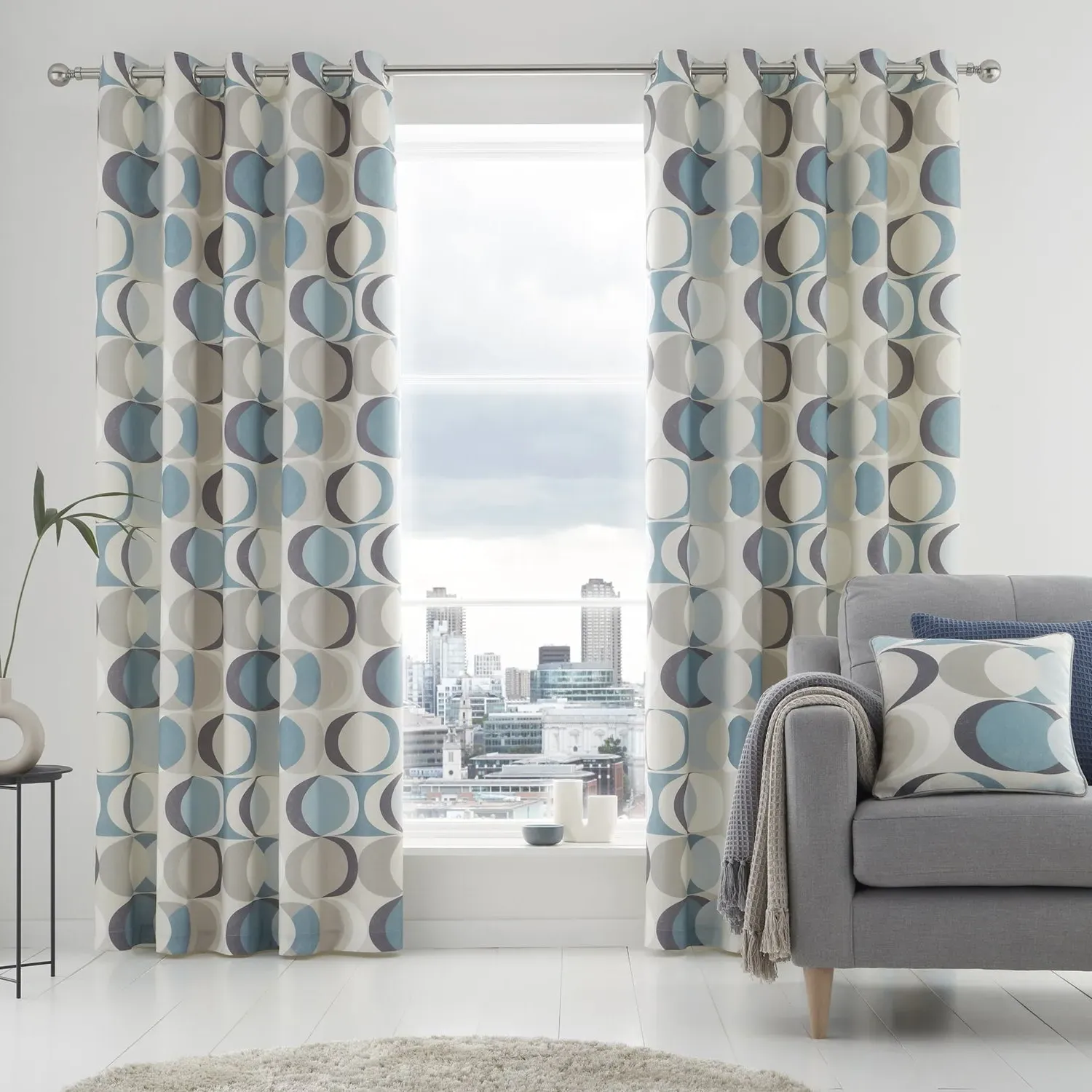 Eyelet Curtains with Circle Print - Blue, Cotton