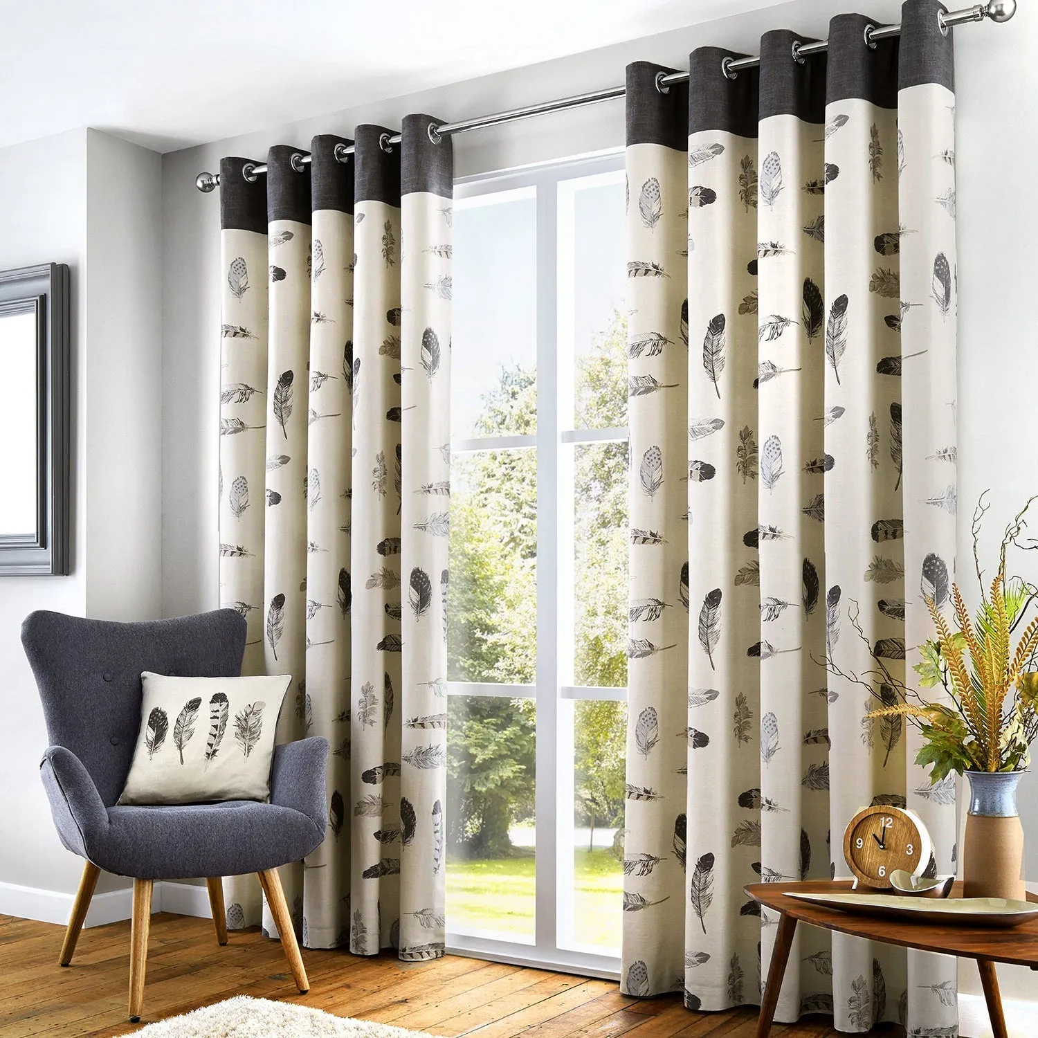 Eyelet Curtains with Feather Print - Charcoal