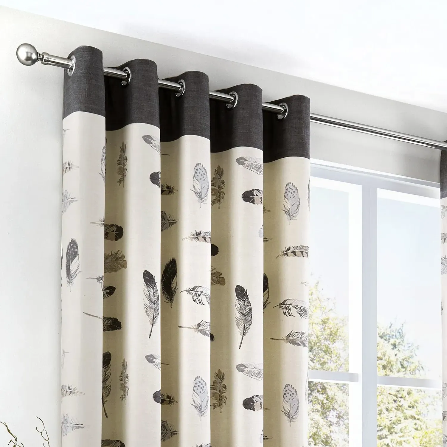 Eyelet Curtains with Feather Print - Charcoal image