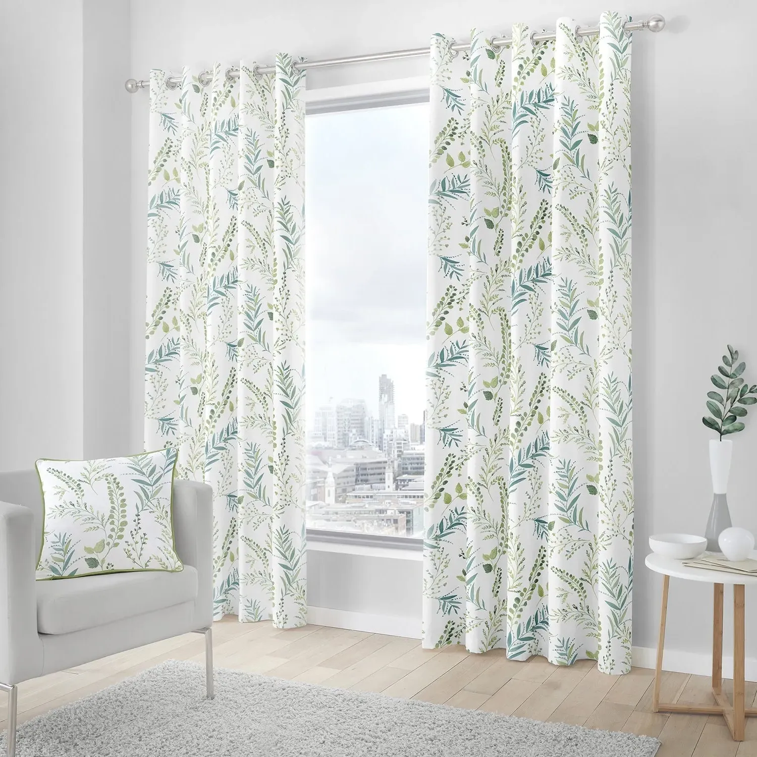 Eyelet Curtains with Fern Pattern - Green, Cotton