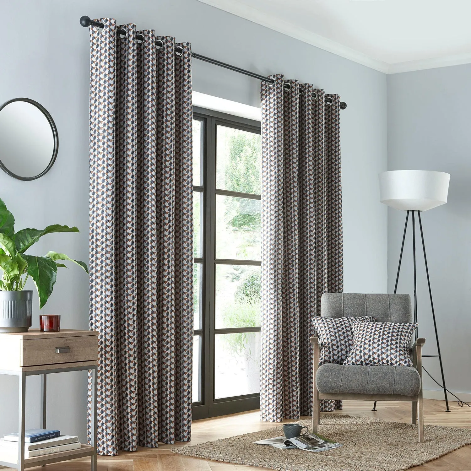 Eyelet Curtains with Geometric Pattern - Terracotta