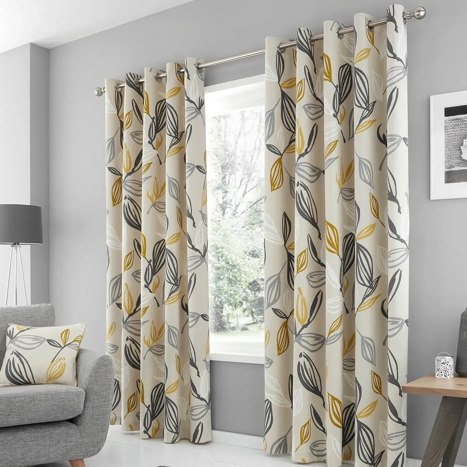 Eyelet Curtains with Leaf Pattern - Yellow, Cotton