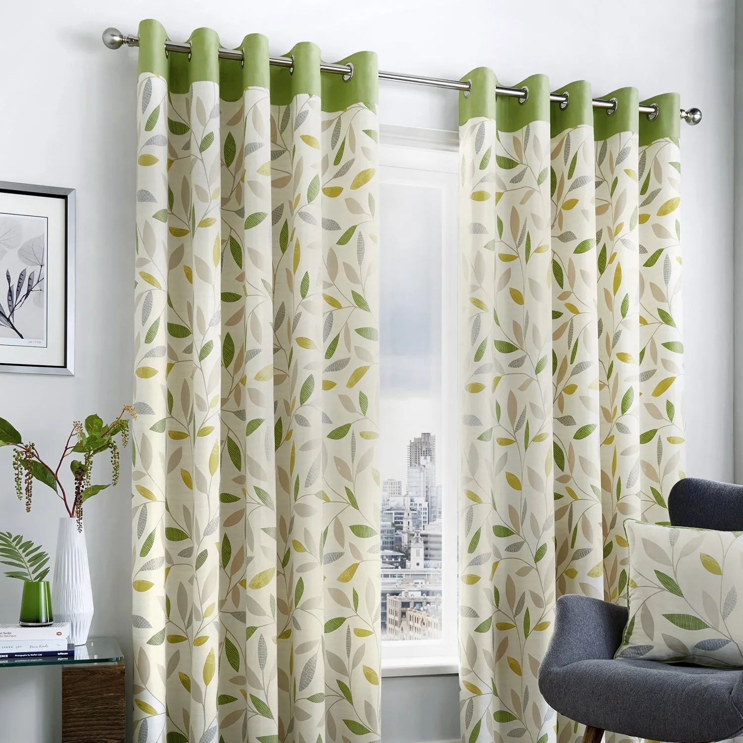Eyelet Curtains with Leaf Trail - Green, Cotton
