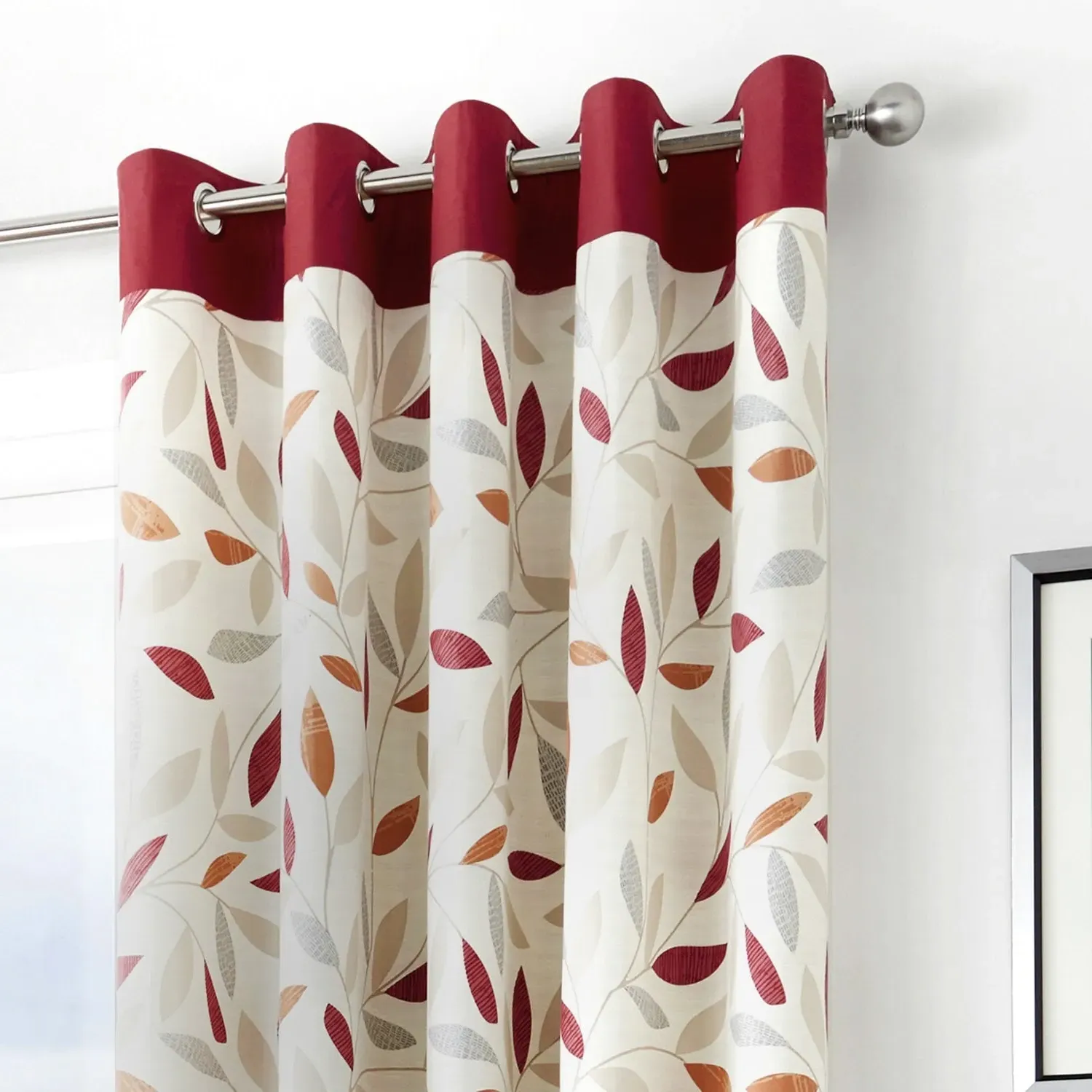 Eyelet Curtains with Leaf Trail - Red, Cotton image