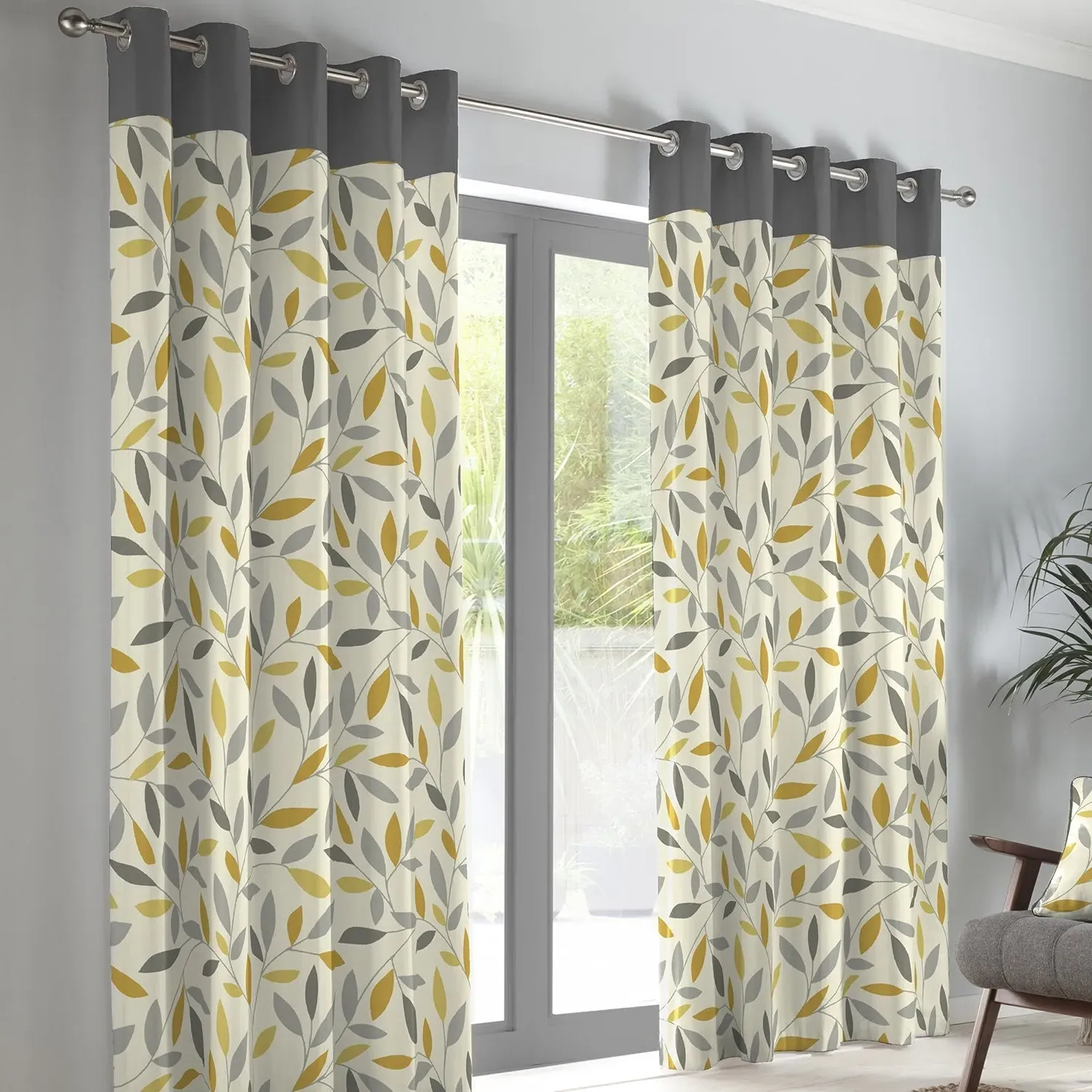 Eyelet Curtains with Leaf Trail - Yellow, Cotton