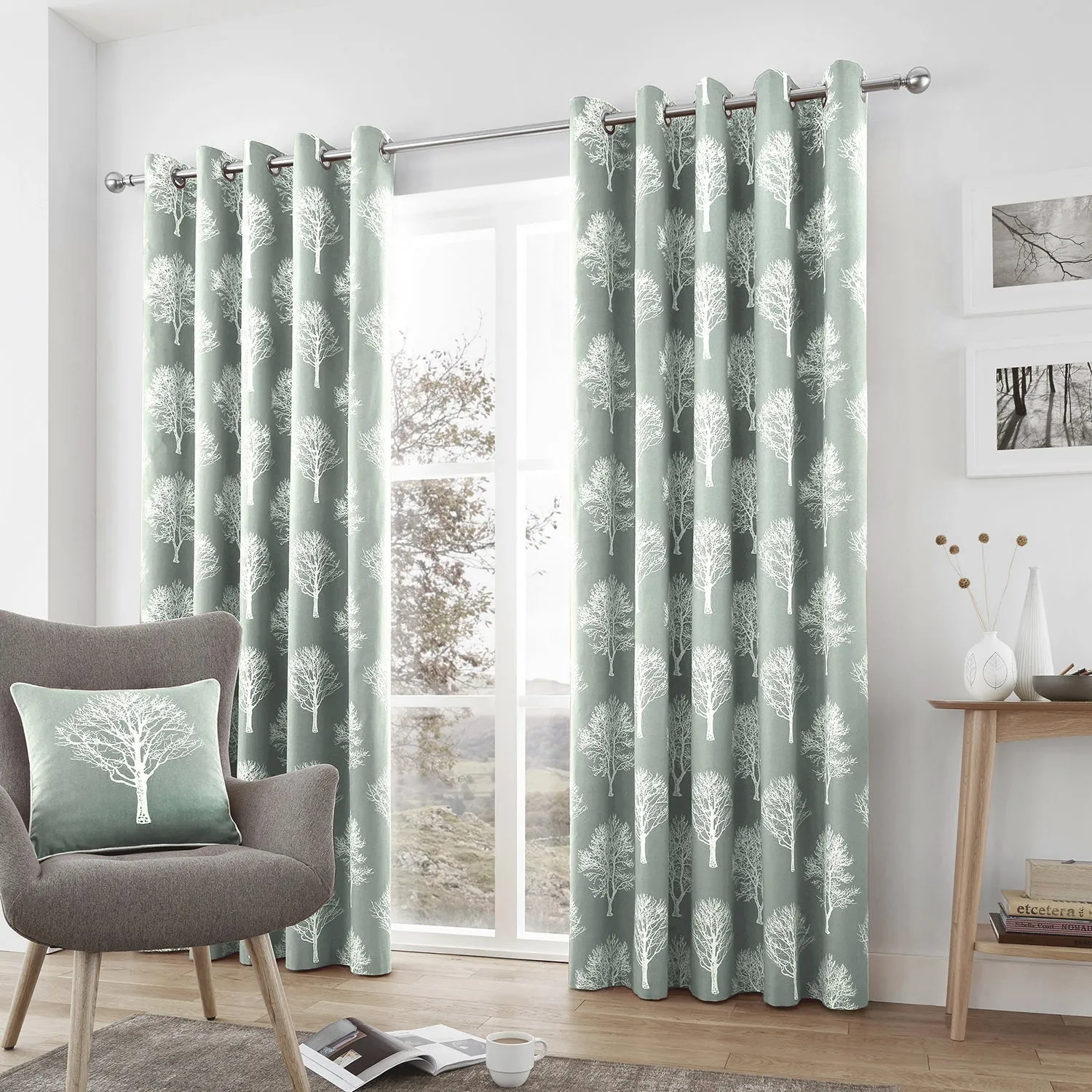 Eyelet Curtains with Tree Print - Duck Egg, Cotton